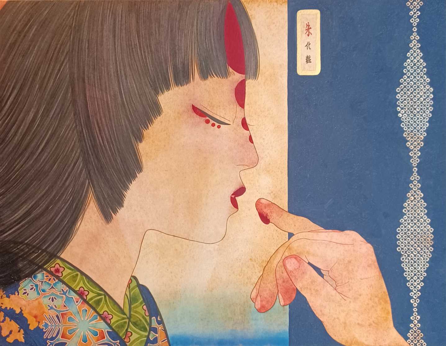 hagatake kili, original, painting (medium), traditional media, watercolor (medium), 1girl, applying lipstick, applying makeup, applying own makeup, black hair, blunt bangs, blunt ends, closed eyes, cosmetics, floral print, hime cut, japanese clothes, kimono, layered kimono, makeup, nihongami, parted lips, snowflake print