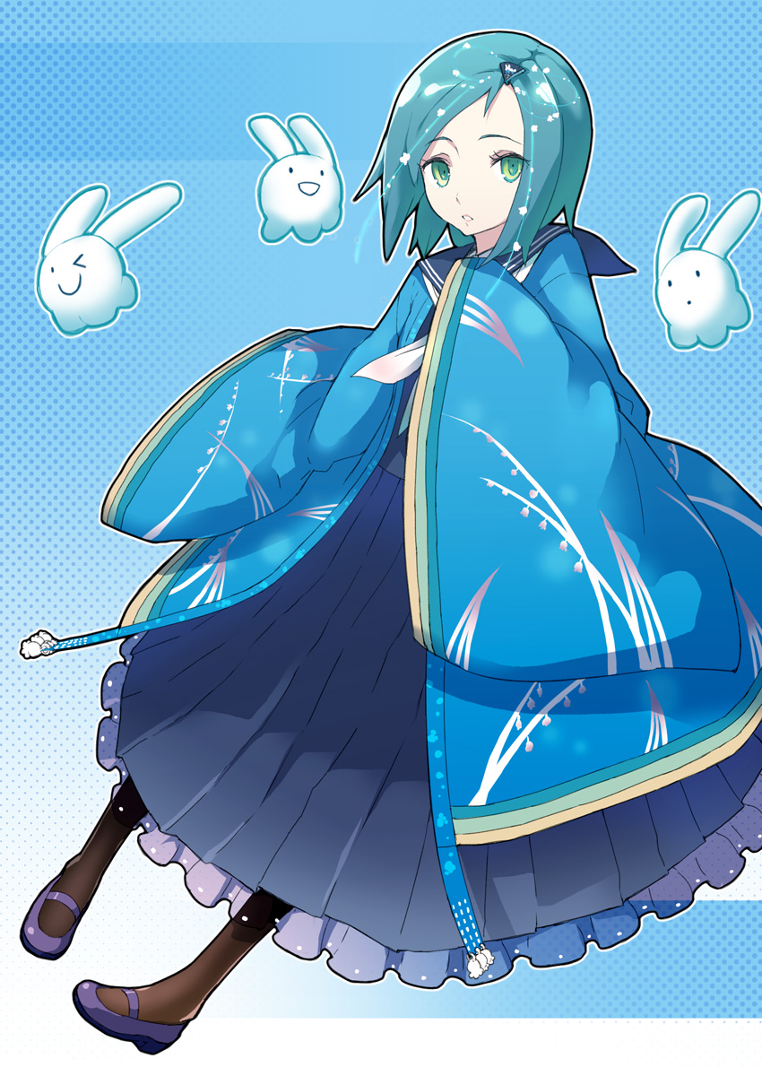 houru, highres, black pantyhose, blue background, blue hair, blue serafuku, blue theme, dress, eyelashes, full body, green eyes, neckerchief, outline, pantyhose, purple shoes, school uniform, serafuku, shoes, short hair, simple background, solo, white neckerchief, white outline