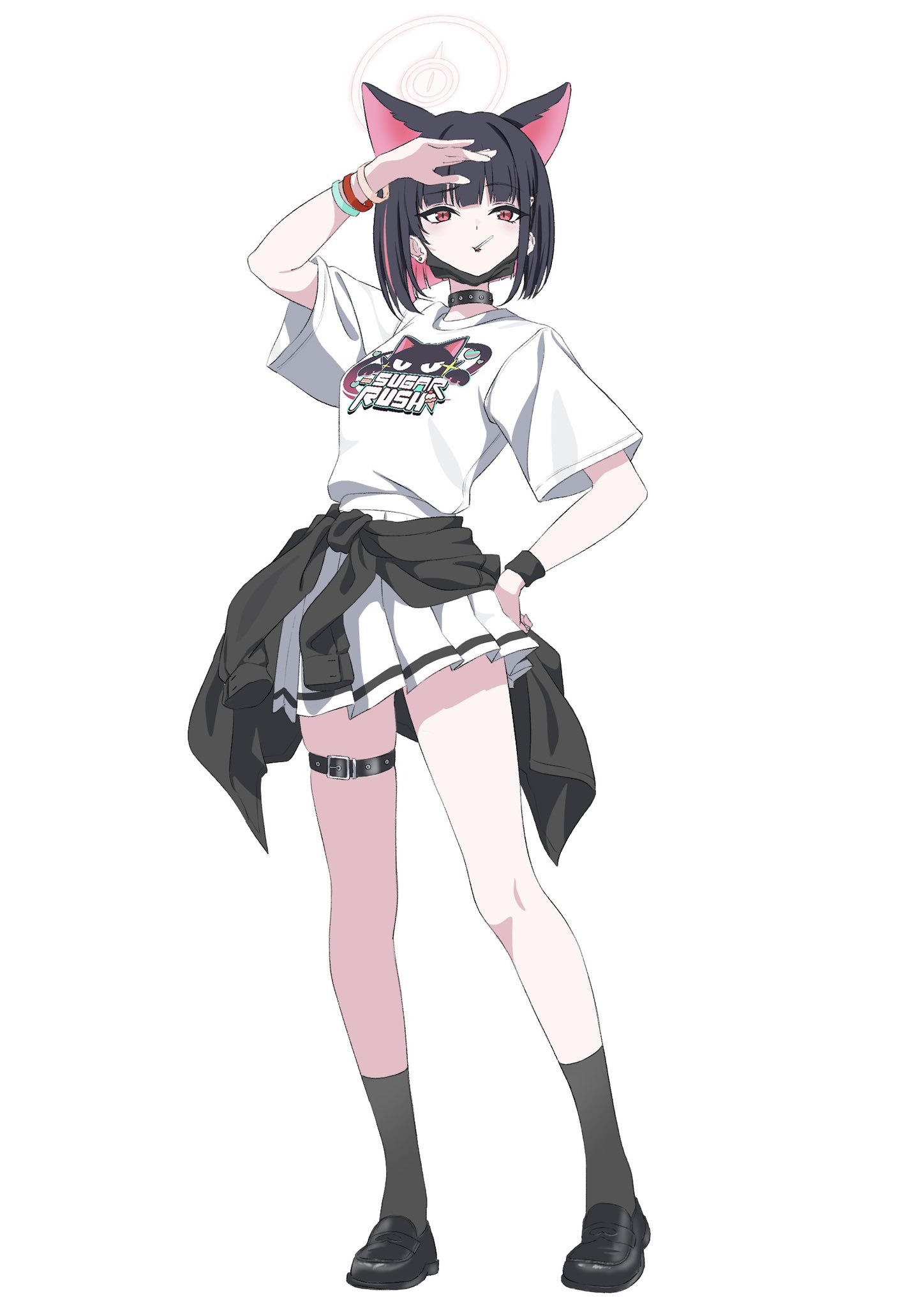 cu cu cu, kazusa (band) (blue archive), kazusa (blue archive), blue archive, highres, 1girl, animal ears, belt, black choker, black mask, cat ears, cat girl, choker, clothes around waist, colored inner animal ears, colored inner hair, extra ears, full body, halo, jacket, jacket around waist, mask, mouth mask, multicolored hair, pink hair, pink halo, print shirt, shirt, simple background, skirt, solo, thigh belt, thigh strap, two-tone hair, white background, white skirt