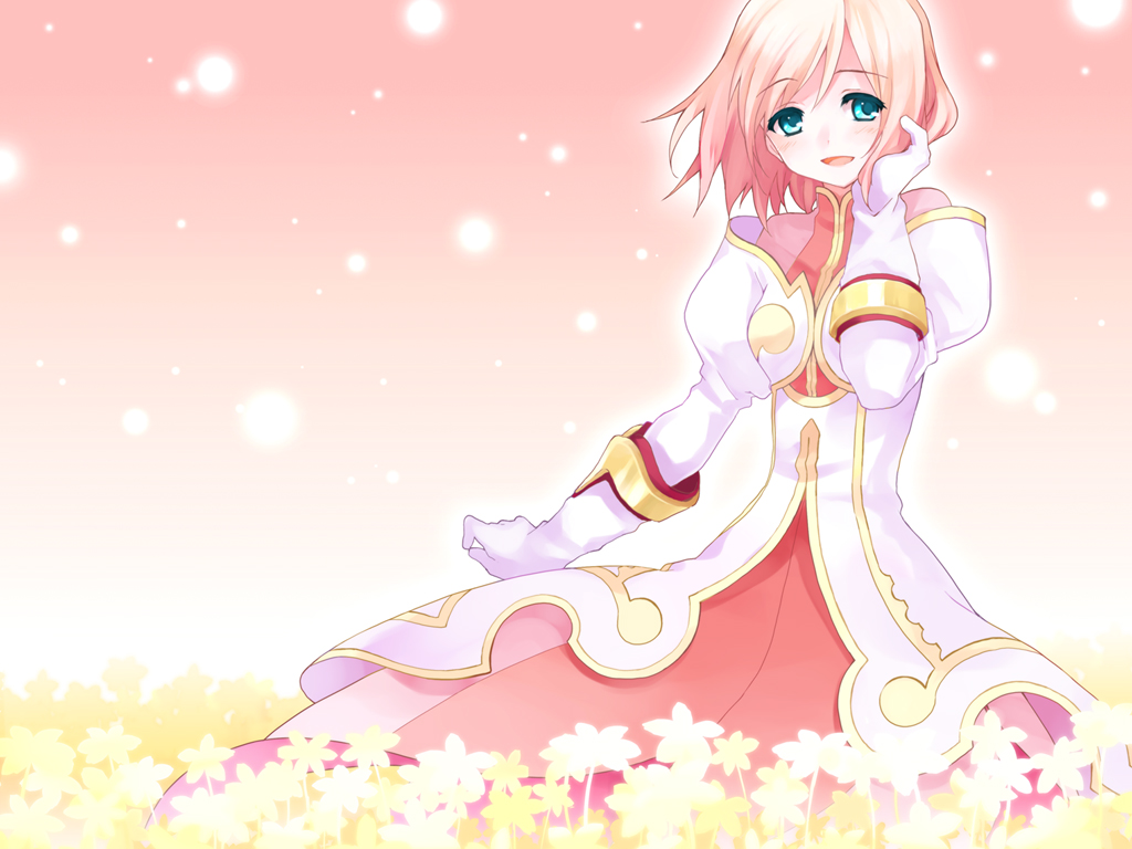 koto (colorcube), estellise sidos heurassein, tales of (series), tales of vesperia, bad id, bad pixiv id, 00s, 1girl, adjusting hair, blue eyes, blush, dress, flower, flower bed, open mouth, pink hair, short hair, smile