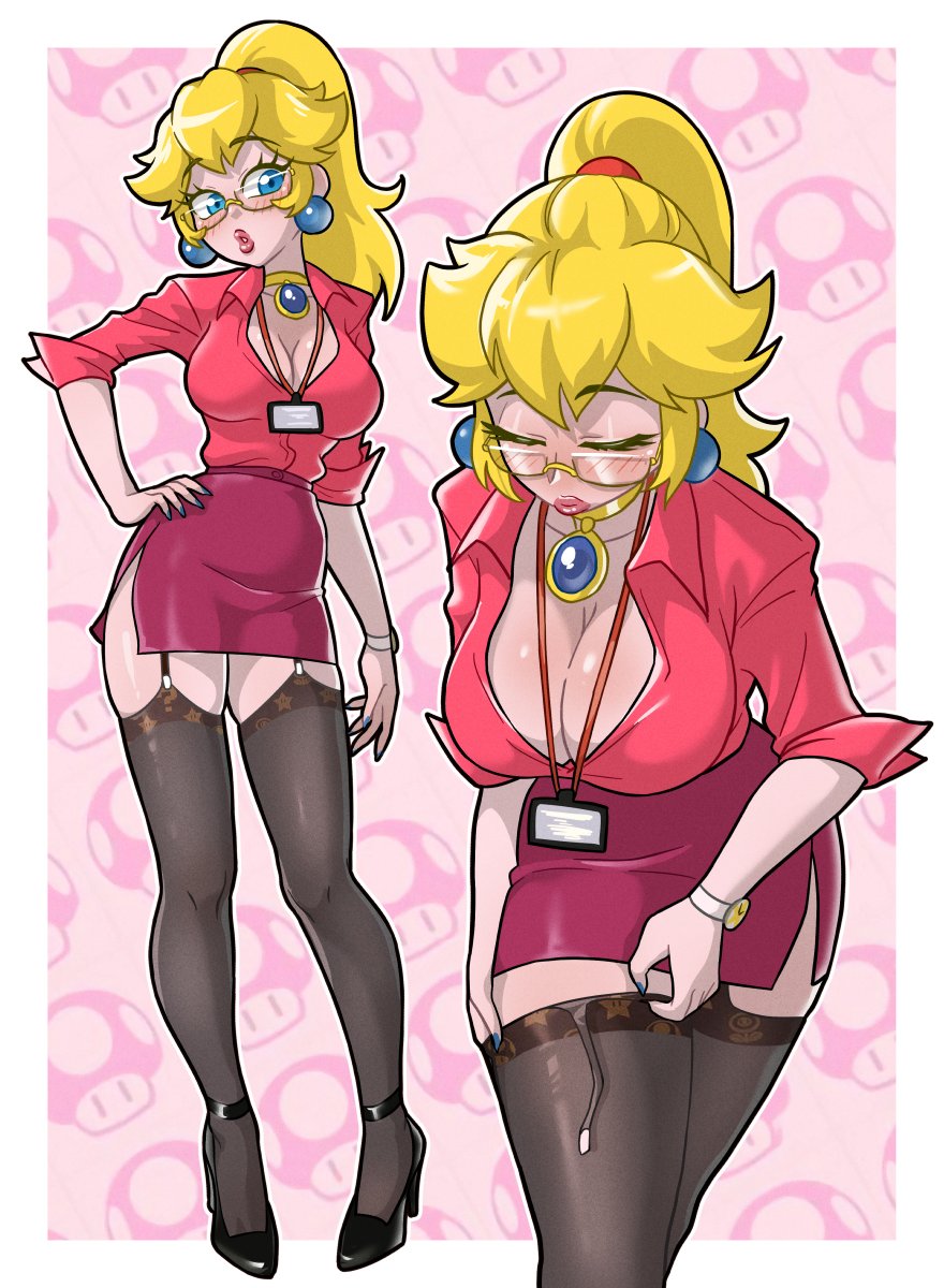 ta-na (tana351), princess peach, mario (series), nintendo, highres, blonde hair, blue eyes, blush, breasts, earrings, garter straps, glasses, high heels, jewelry, large breasts, office lady, ponytail, skirt, sphere earrings, thick lips, thick thighs, thighhighs, thighs, watch