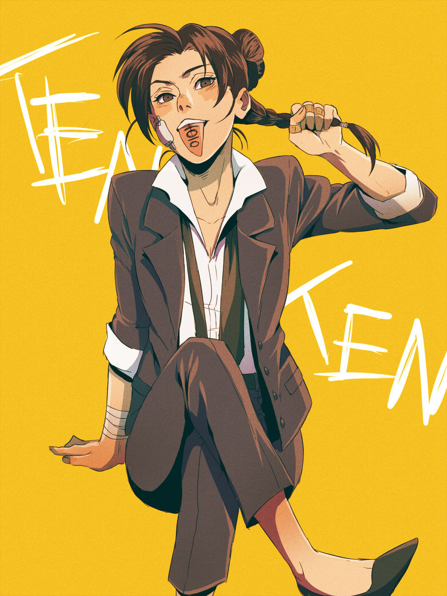 papabay, tenten (naruto), boruto: naruto next generations, naruto (series), highres, 1girl, black jacket, black necktie, black pants, brown eyes, brown hair, character name, collared shirt, formal clothes, high heels, invisible chair, jacket, long hair, long sleeves, looking at viewer, necktie, open mouth, pants, shirt, simple background, sitting, tongue, tongue out, white shirt, yellow background