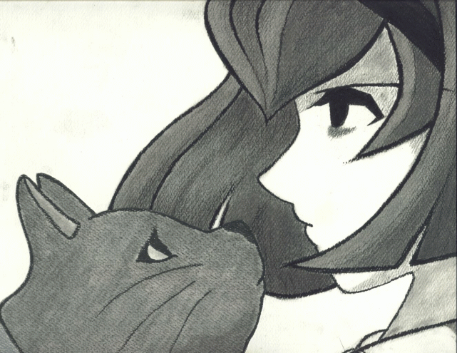 r dorothy wayneright, the big o, android, black dress, cat, dress, greyscale, monochrome, pale skin, solo