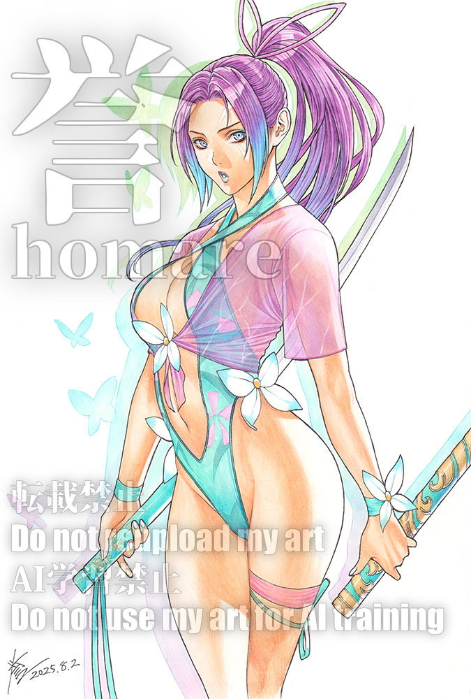 homare (fool's art), psylocke, psylocke (breezy butterfly), marvel, marvel rivals, traditional media, 1girl, aqua eyes, aqua one-piece swimsuit, aqua wrist cuffs, breasts, cleavage, cowboy shot, dated, flower, hair ribbon, highleg, highleg one-piece swimsuit, holding, holding sheath, holding sword, holding weapon, large breasts, long hair, looking at viewer, midriff, navel, official alternate costume, one-piece swimsuit, parted bangs, parted lips, plunging neckline, ponytail, purple hair, ribbon, see-through clothes, see-through shirt, sheath, shirt, short sleeves, signature, solo, swimsuit, sword, thigh strap, thighs, tied shirt, weapon, white background, white flower, wrist cuffs