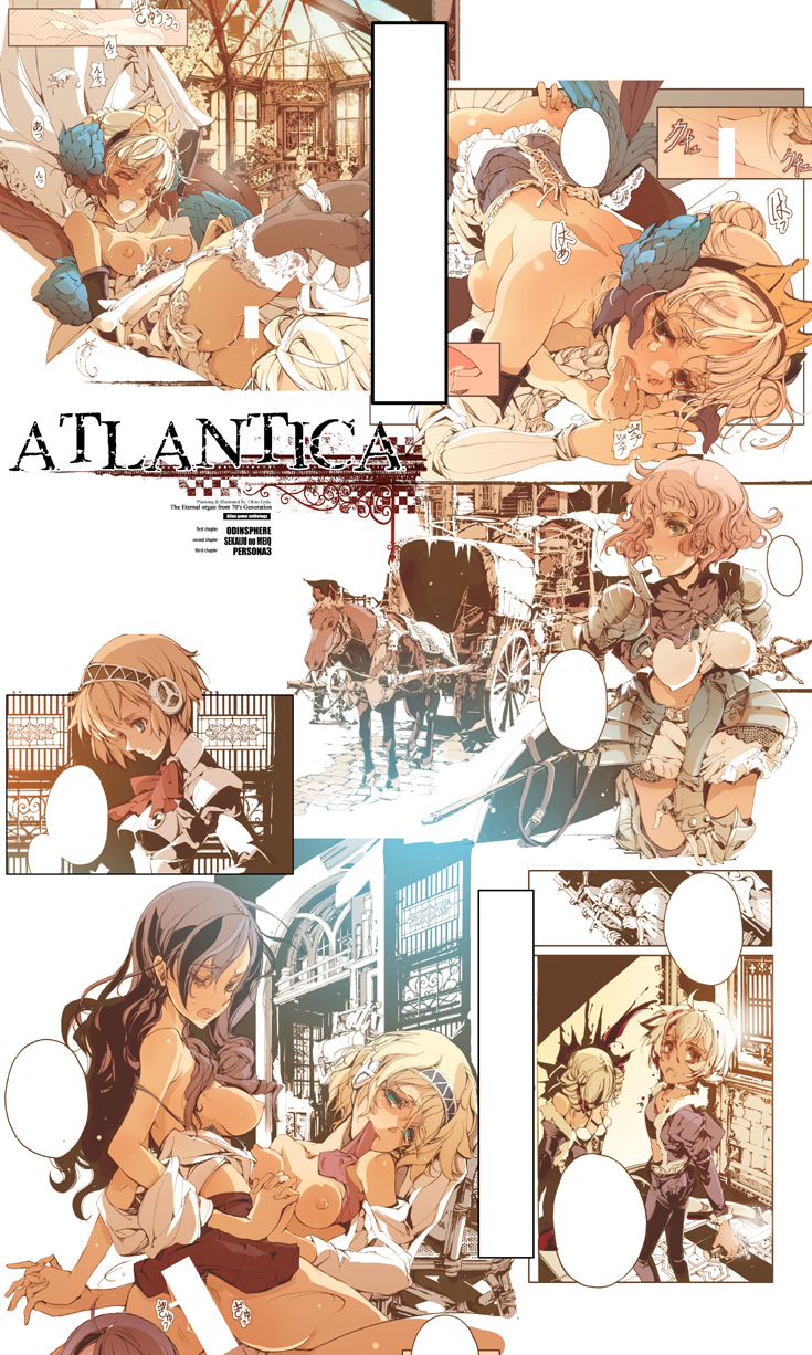endou okito, aigis (persona), dark hunter, dark hunter (sekaiju), dark hunter 3, dark hunter 4, gwendolyn (odin sphere), kirijou mitsuru, paladin (sekaiju), paladin 4 (sekaiju), atlus, etrian odyssey, odin sphere, persona, persona 3, ass grab, black legwear, highres, 4girls, :o, ;o, armor, ass, bare shoulders, black hair, blonde hair, blood, bow, bowtie, bra, bra pull, breasts, breasts apart, censored, clenched teeth, clothed sex, clothes lift, clothes pull, collage, comic, corset, covered erect nipples, cowgirl position, crop top, crossover, crown, death, detached sleeves, doggystyle, drill hair, elbow gloves, fantasy, feet, finger in own mouth, finger sucking, fingerless gloves, flat chest, frills, fur trim, garter straps, girl on top, gloves, hairband, holding hands, horse, impossible clothes, impossible shirt, jacket, lace, large breasts, lingerie, long hair, looking at viewer, looking back, lying, midriff, mouth hold, multiple girls, nipples, no panties, off shoulder, on back, one eye closed, open clothes, open jacket, open mouth, open shirt, panties, panties around leg, pink hair, pussy juice, saliva, sequential, sex, sex from behind, shirt, shirt pull, short hair, sideboob, skirt, skirt lift, soles, speech bubble, straddling, strap slip, sweat, teeth, thighhighs, tribadism, twin drills, twintails, underwear, wagon, white hair, white panties, wince, wink, yuri, zettai ryouiki