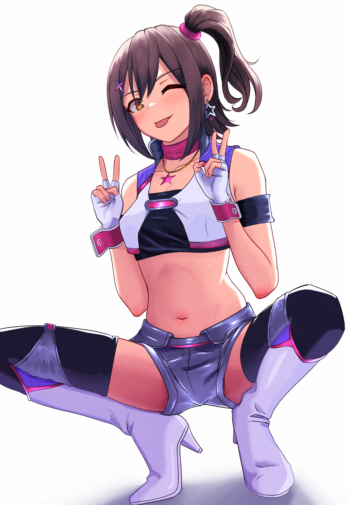 mingo (min5san), kasuga mirai, idolmaster, idolmaster million live!, highres, 1girl, boots, brown eyes, brown hair, collarbone, double v, earrings, fingerless gloves, gloves, hair between eyes, hair ornament, high heel boots, high heels, jewelry, looking at viewer, midriff, navel, necklace, one side up, shirt, short hair, short shorts, shorts, smile, solo, spread legs, squatting, star (symbol), star earrings, star hair ornament, star necklace, thick thighs, thighs, v, white background, white gloves