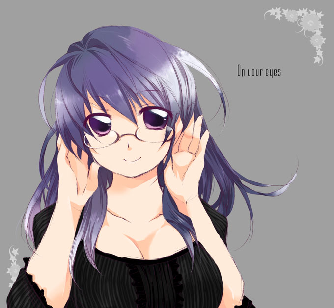 misaki kozue, 1girl, adjusting eyewear, ahoge, blue hair, breasts, cleavage, close-up, english text, female focus, flower, glasses, large breasts, long hair, purple eyes, smile, solo, star (symbol)