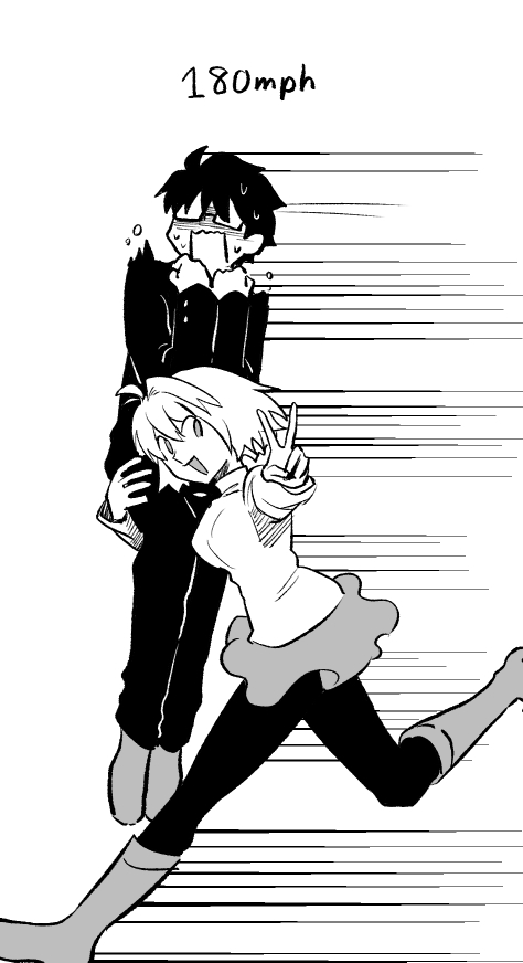 metarogu, arcueid brunestud, tohno shiki, tsukihime, tsukihime (remake), 1boy, 1girl, ahoge, black hair, black pantyhose, boots, carrying, carrying person, floating clothes, glasses, holding another's legs, jewelry, looking at viewer, monochrome, motion lines, necklace, nervous sweating, open mouth, pantyhose, running, scared, school uniform, skirt, smile, souya high school uniform, speed lines, surprised, sweat, sweater, turtleneck, turtleneck sweater, v