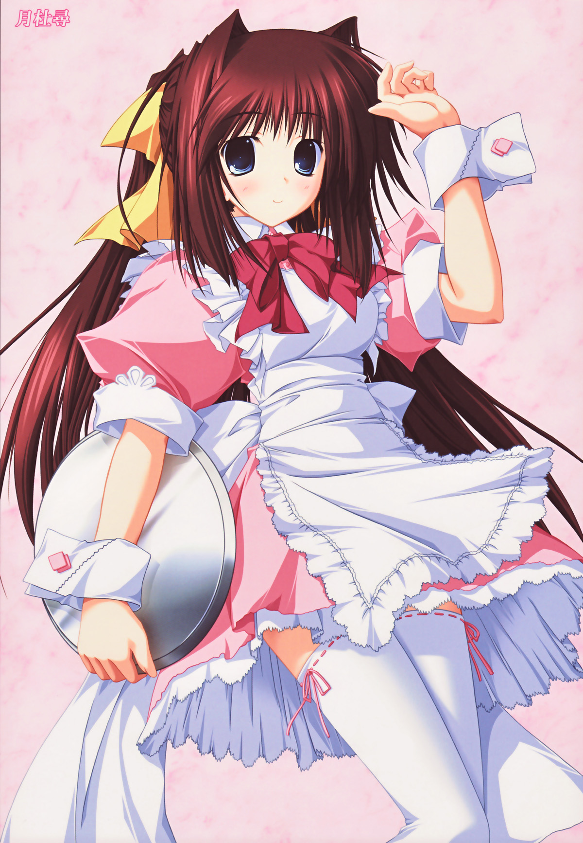 dreamparty, highres, 1girl, apron, blue eyes, bow, bowtie, cowboy shot, female focus, long hair, maid, maid apron, red bow, red bowtie, red hair, ribbon, solo, standing, thighhighs, tray, very long hair, waitress, white thighhighs, wrist cuffs