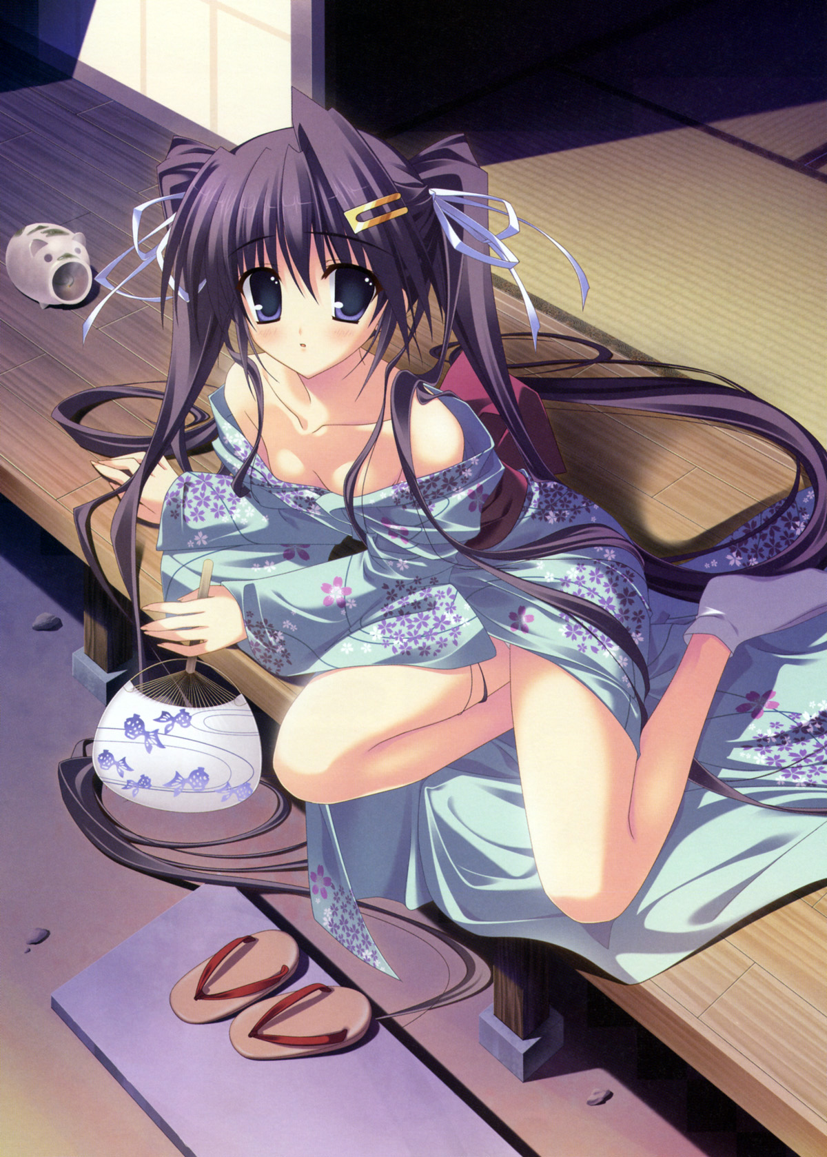 mitha, okamoto nonoka, clear (visual novel), highres, 1girl, bare shoulders, female focus, hair ornament, hair ribbon, hairclip, hand fan, japanese clothes, kimono, long hair, long legs, mosquito coil, paper fan, purple eyes, purple hair, ribbon, sandals, socks, solo, tabi, twintails, uchiwa, veranda, very long hair