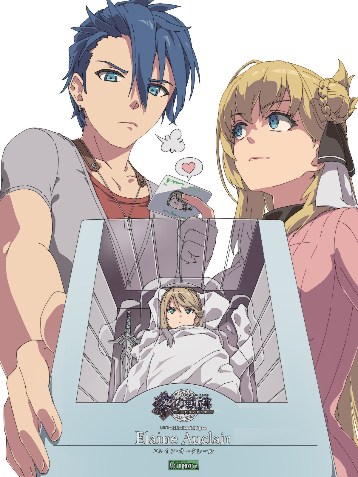 chiharu (9654784), agnes claudel, elaine auclair, van arkride, eiyuu densetsu, kotobukiya, kuro no kiseki (series), highres, 1boy, 1girl, blonde hair, blue eyes, bow, braid, bun with braided base, credit card, curtained hair, dog tags, figure, green eyes, grey shirt, hair between eyes, hair bun, long hair, long sleeves, partially shaded face, ribbed sweater, shirt, short hair, short sleeves, sigh, single hair bun, sweater, swept bangs, toy