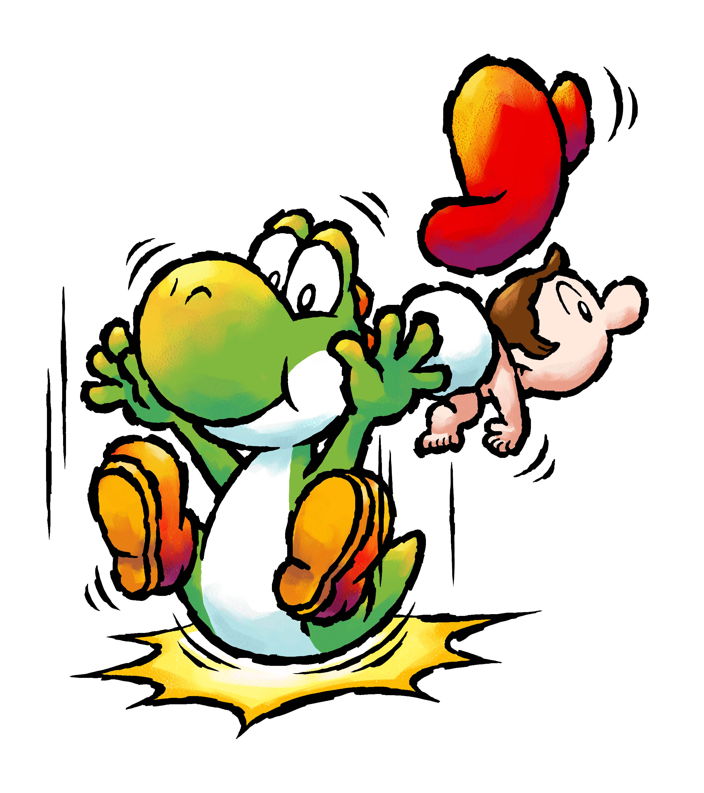 baby mario, mario, yoshi, mario (series), nintendo, yoshi's island ds, absurdres, highres, official art, third-party source, 2boys, baby, boots, brown boots, brown hair, diaper, green yoshi, ground pound, hat, motion lines, multiple boys, red hat, short hair, simple background, white background