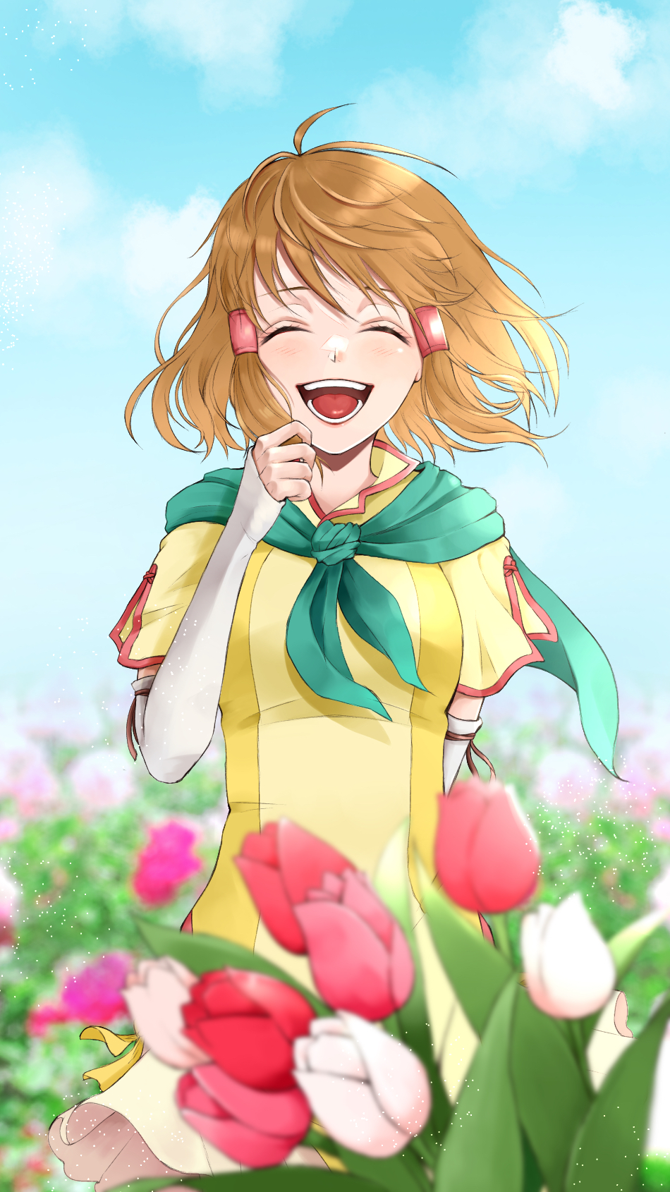aplche, mist (fire emblem), fire emblem, fire emblem: path of radiance, nintendo, commentary request, highres, 1girl, blurry, blurry background, blurry foreground, brown hair, closed eyes, day, flower, hair tubes, medium hair, neckerchief, open mouth, outdoors, sky, solo, tulip