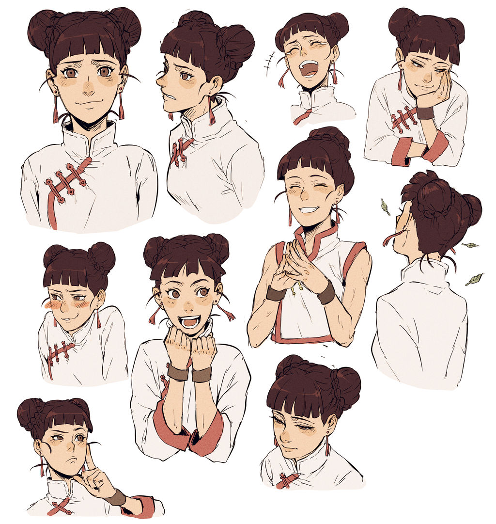 papabay, tenten (naruto), naruto (series), naruto shippuuden, 1girl, brown eyes, brown hair, chinese clothes, closed eyes, closed mouth, double bun, grin, hair bun, laughing, looking at viewer, multiple views, ninja, open mouth, simple background, smile, solo, teeth, upper body, white background