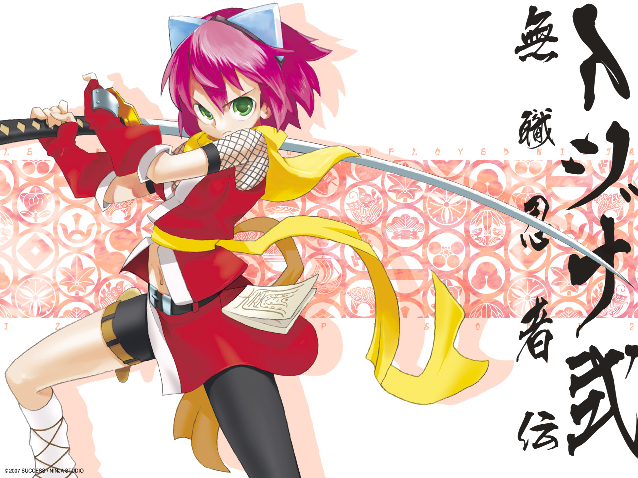 yoshida on, izuna (gouma reifuden izuna), gouma reifuden izuna, official art, official wallpaper, 1girl, asymmetrical clothes, breasts, female focus, fishnets, gloves, goggles, green eyes, katana, midriff, ninja, pink hair, ribbon, scarf, solo, sword, thigh strap, weapon