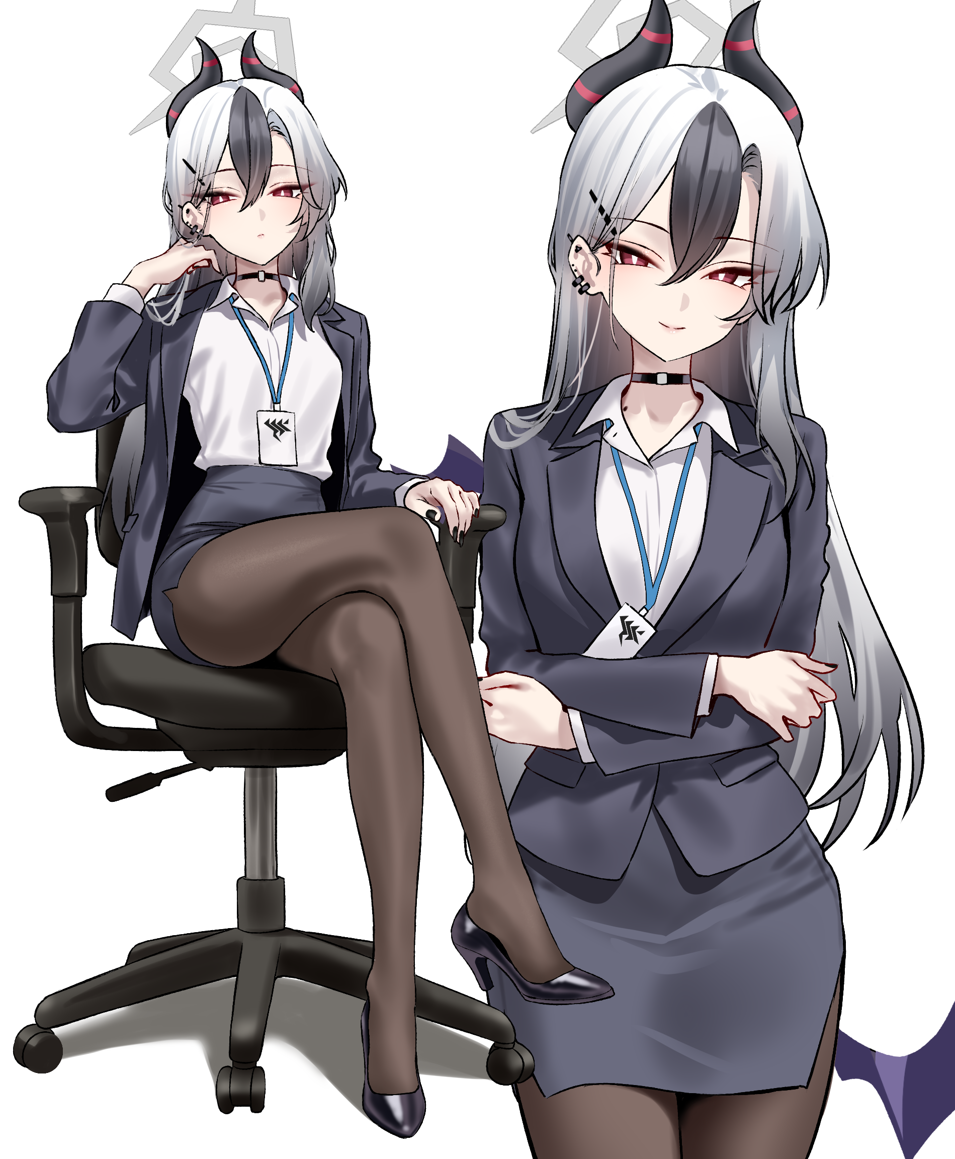 shigure s, kayoko (blue archive), blue archive, highres, alternate costume, black choker, black hair, black horns, black jacket, black pantyhose, black shoes, black skirt, chair, choker, closed mouth, collared shirt, crossed legs, full body, halo, hand up, high heels, horns, jacket, long hair, long sleeves, looking at viewer, multicolored hair, office lady, open clothes, open jacket, pantyhose, red eyes, shirt, shirt tucked in, shoes, simple background, sitting, skirt, smile, thighs, two-tone hair, white background, white hair, white shirt