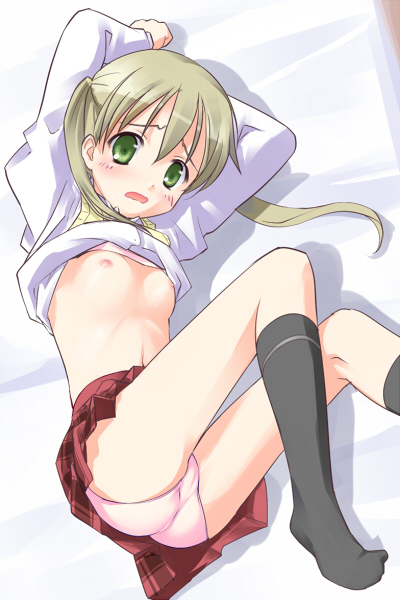 kawa, kawa (river), maka albarn, soul eater, bad id, bad pixiv id, 00s, 1girl, bed, blonde hair, blush, breasts, feet, female focus, green eyes, loli, long hair, nipples, panties, pink panties, plaid clothes, plaid skirt, skirt, small breasts, socks, solo, twintails, underwear