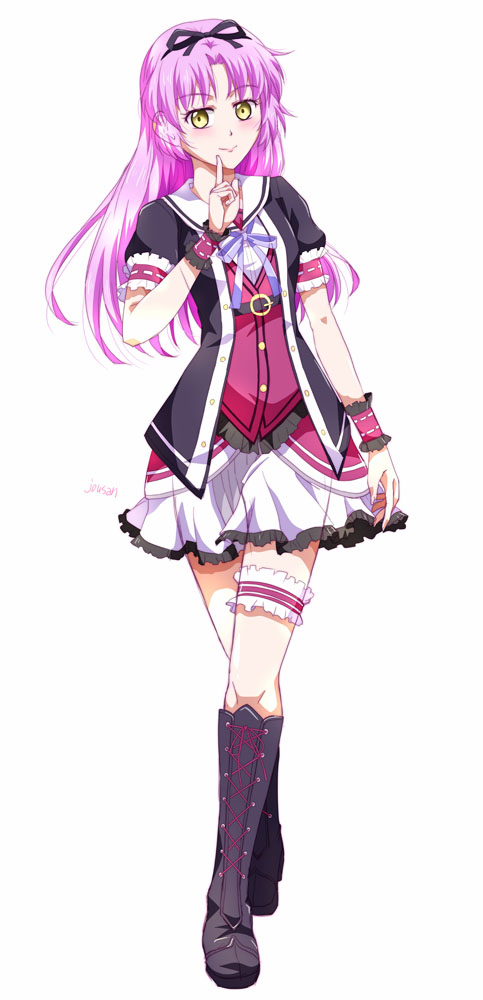 xiacheng tatsuya, renne (eiyuu densetsu), eiyuu densetsu, sen no kiseki, sen no kiseki (series), sen no kiseki iv, 1girl, artist name, boots, bow, bowtie, breasts, curtained hair, frilled sleeves, frilled thigh strap, frills, full body, long hair, looking at viewer, parted bangs, puffy short sleeves, puffy sleeves, purple bow, purple bowtie, purple hair, short sleeves, simple background, skirt, small breasts, smile, solo, tachi-e, thigh strap, white background, yellow eyes