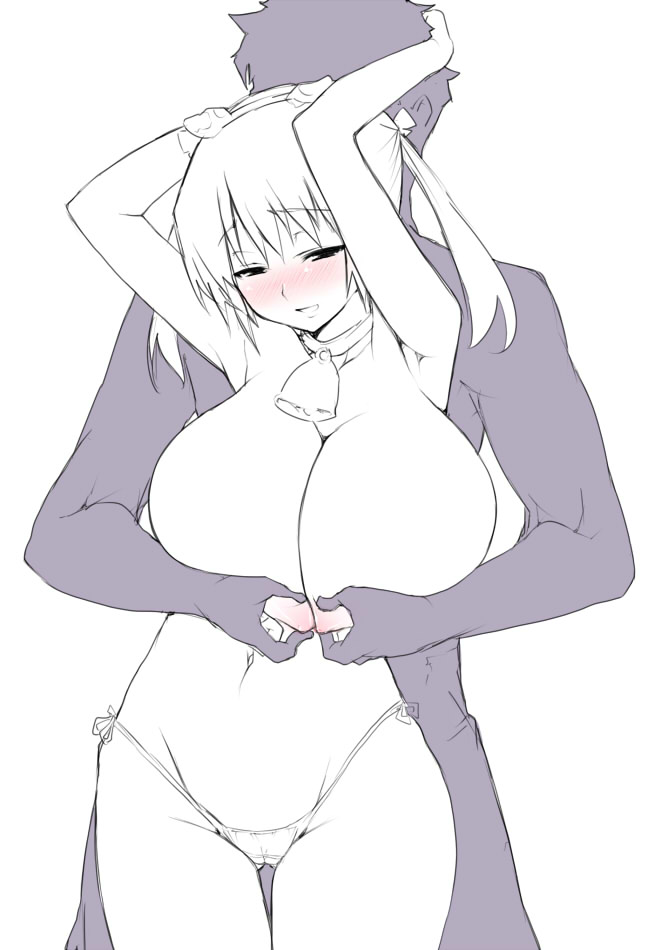 goban, 1boy, 1girl, bell, blush, breasts, cameltoe, cowbell, grabbing another's breast, groping, hetero, highleg, highleg panties, huge breasts, large breasts, monochrome, nipple stimulation, nipple tweak, nipples, panties, side-tie panties, solo focus, underwear