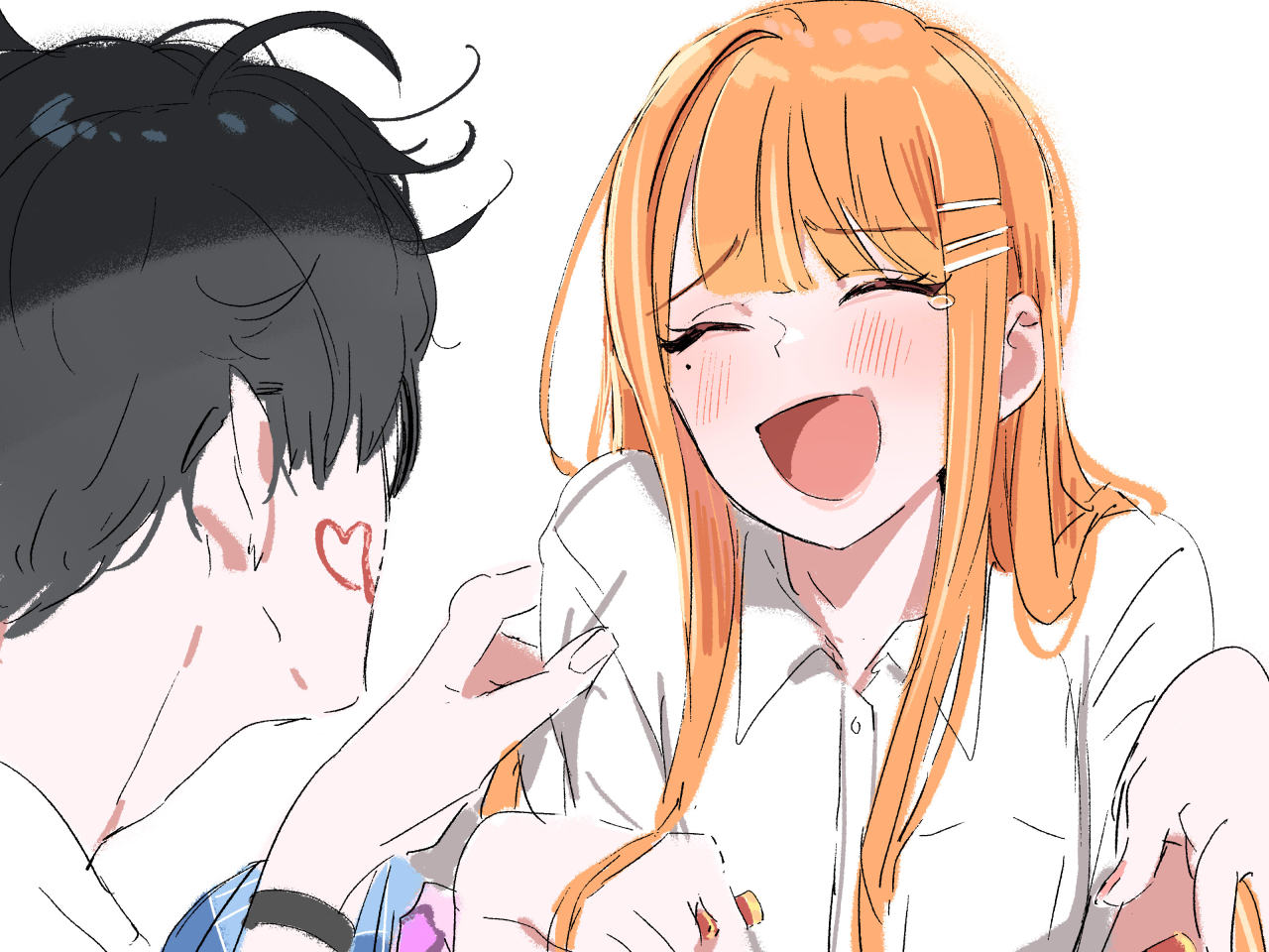 kasasagi (futagodori888), producer (idolmaster), shiun sumika, gakuen idolmaster, idolmaster, commentary request, 1boy, 1girl, ^ ^, black-framed eyewear, black hair, blush, closed eyes, facepaint, facing another, glasses, heart, hetero, laughing, mole, mole under eye, orange hair, shirt, simple background, smile, white background, white shirt