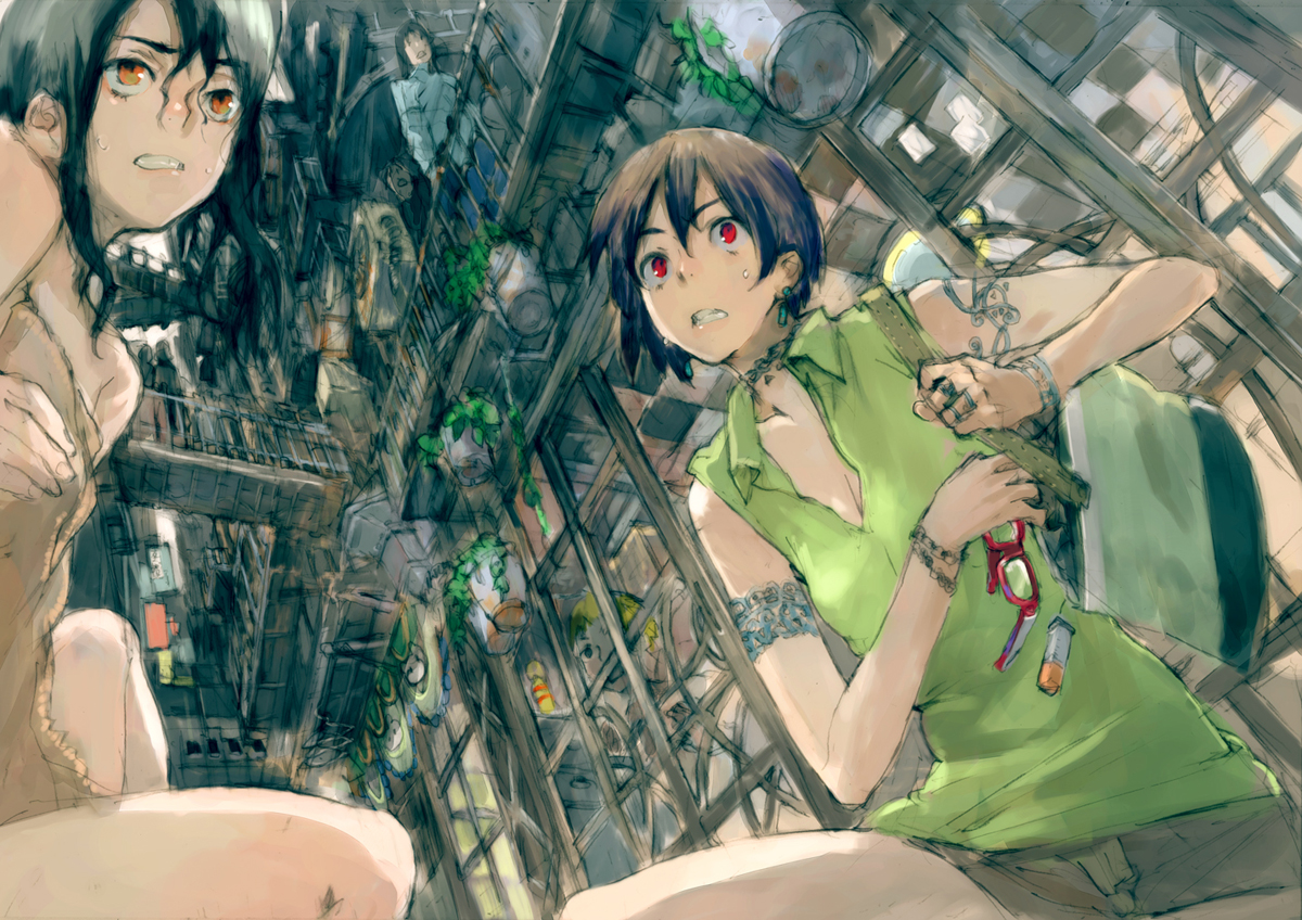 humi, toi8, 2girls, black hair, from below, glasses, multiple girls, perspective, plant, potted plant, red eyes, scared, short hair, shorts, sweat, towel