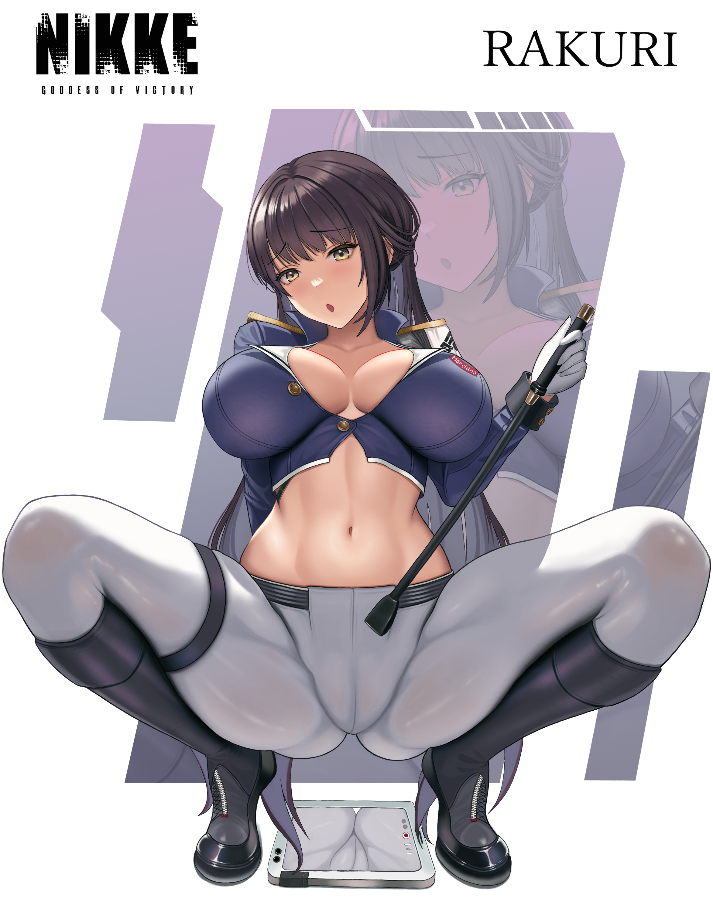 rakuri (rwrn5475), marciana (nikke), goddess of victory: nikke, absurdres, commentary request, highres, partial commentary, revision, 1girl, :o, artist name, ass, belt, black belt, black boots, black jacket, blush, boots, breasts, brown eyes, brown hair, cleavage, collarbone, crop top, cropped jacket, epaulettes, full body, gloves, holding, holding riding crop, jacket, knee boots, large breasts, logo, long hair, long sleeves, looking at viewer, military jacket, military uniform, navel, open mouth, pants, partially unbuttoned, riding crop, sidelocks, spread legs, squatting, stomach, tablet pc, tight clothes, tight pants, very long hair, white gloves, white pants, zoom layer