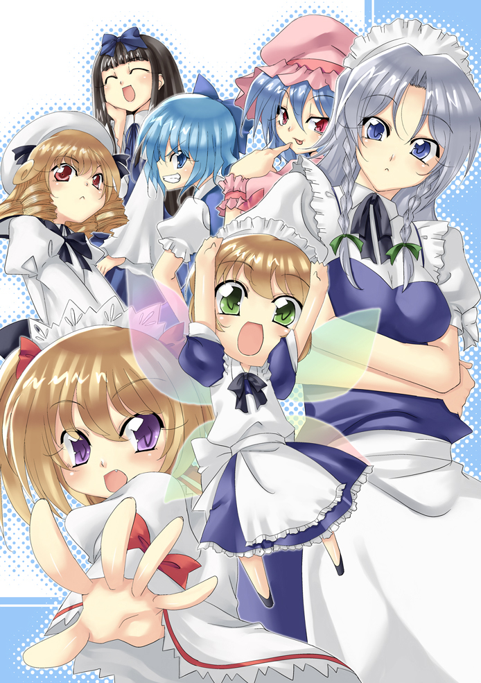uemukai dai, cirno, fairy maid (touhou), izayoi sakuya, luna child, remilia scarlet, star sapphire, sunny milk, perfect memento in strict sense, touhou, silver hair, bad id, bad pixiv id, 6+girls, :<, :d, :p, arms up, black hair, blonde hair, blue eyes, blue hair, bow, braid, fairy, female focus, green eyes, hair bow, hat, looking at viewer, maid, multiple girls, open mouth, outstretched arms, outstretched hand, purple eyes, red eyes, ribbon, short hair, smile, tongue, tongue out, twin braids, twintails, uemuki dai, wings, wrist cuffs