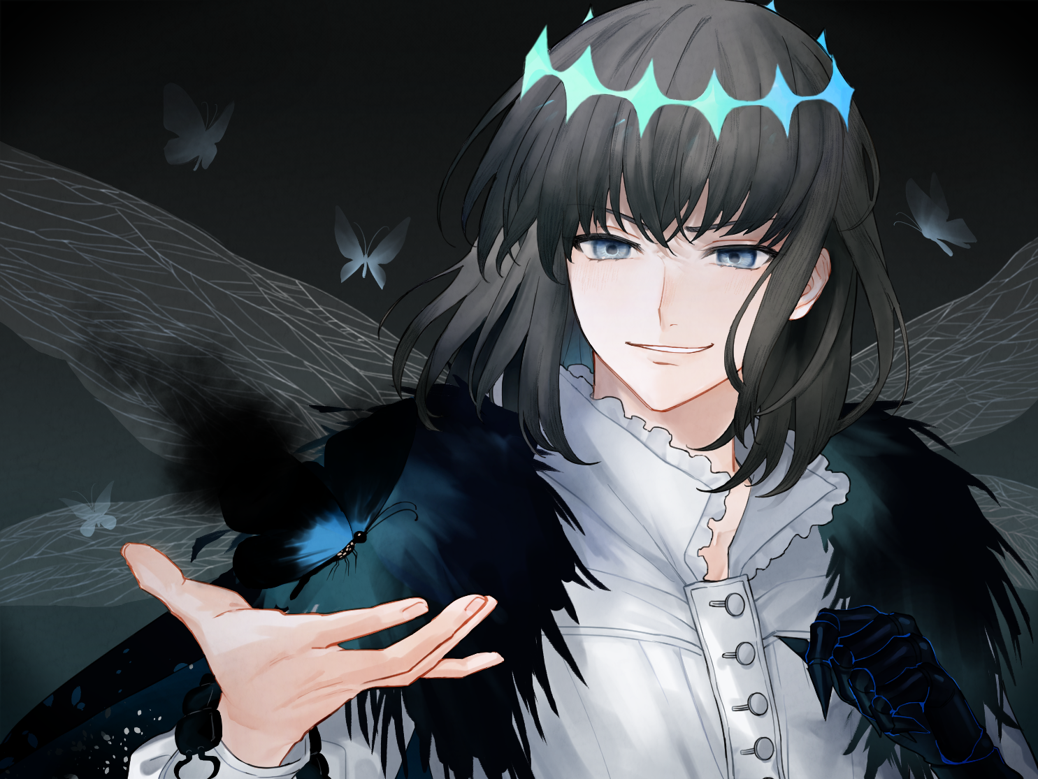 ringo 2000, oberon (fate), oberon (third ascension) (fate), fate/grand order, fate (series), spoilers, variant set, 1boy, black hair, blue eyes, bug, butterfly, claws, diamond hairband, dragonfly wings, evil grin, evil smile, fur trim, grin, insect, looking at animal, male focus, medium hair, portrait, shirt, smile, smirk, solo, white shirt