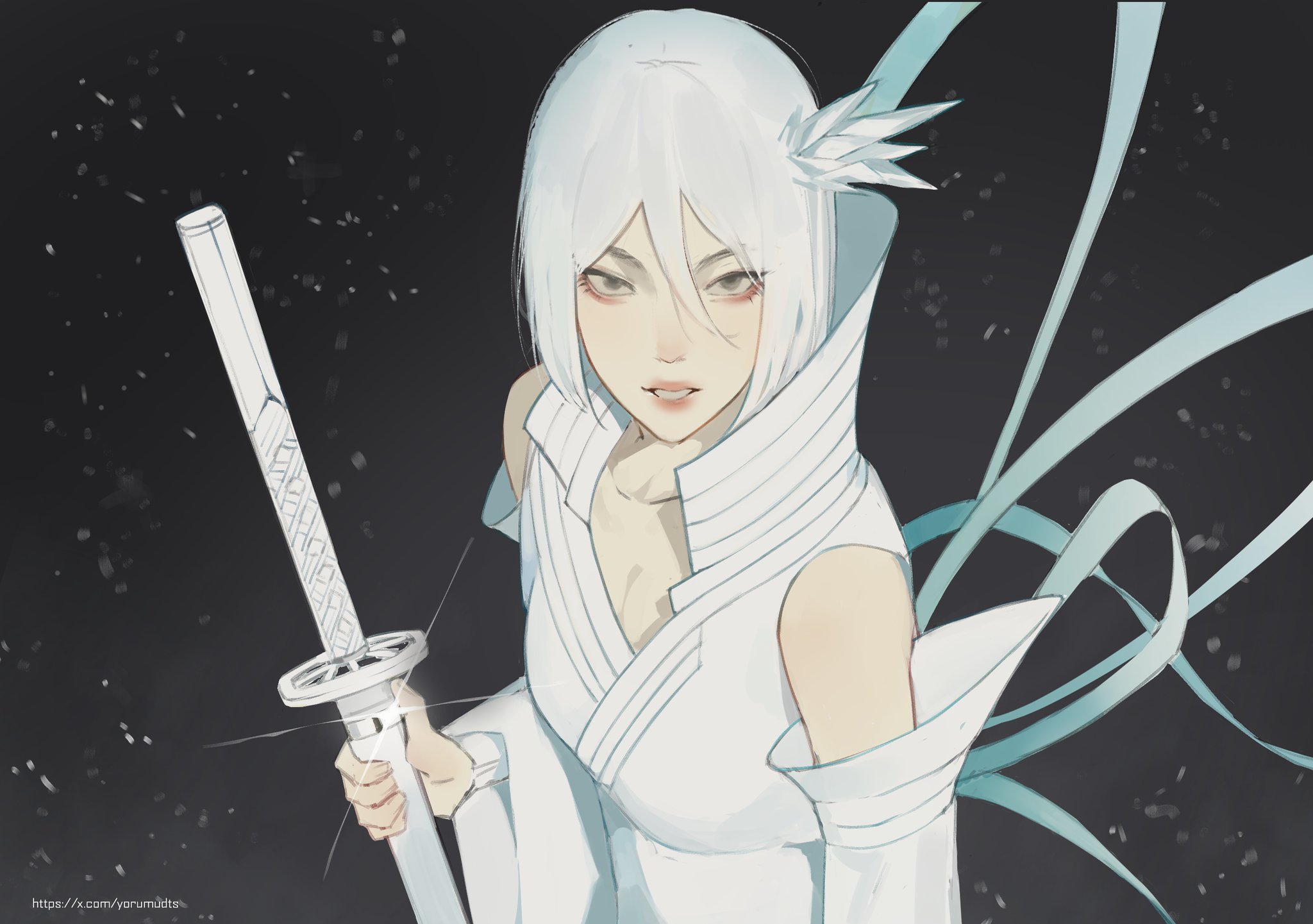 kuchiki rukia, bleach, highres, 1girl, bare shoulders, breasts, cleavage, detached sleeves, eyeliner, hair between eyes, hakka no togame (bankai), holding, holding sword, holding weapon, katana, looking at viewer, makeup, medium breasts, parted lips, red eyeliner, short hair, solo, sparkle, sword, twitter username, upper body, weapon, white hair, yorumudts