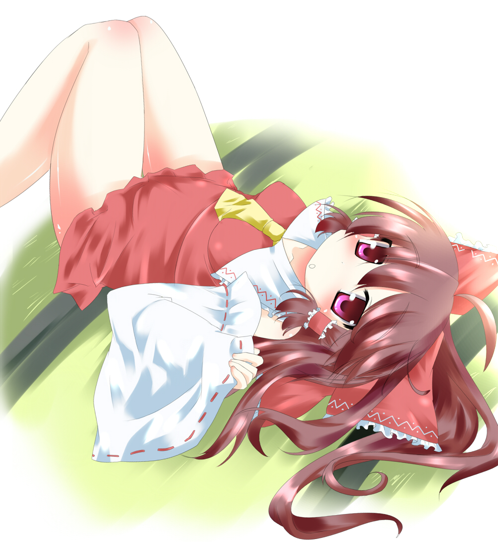 alfred (artist), hakurei reimu, touhou, 1girl, breasts, female focus, indoors, japanese clothes, miko, ribbon, solo