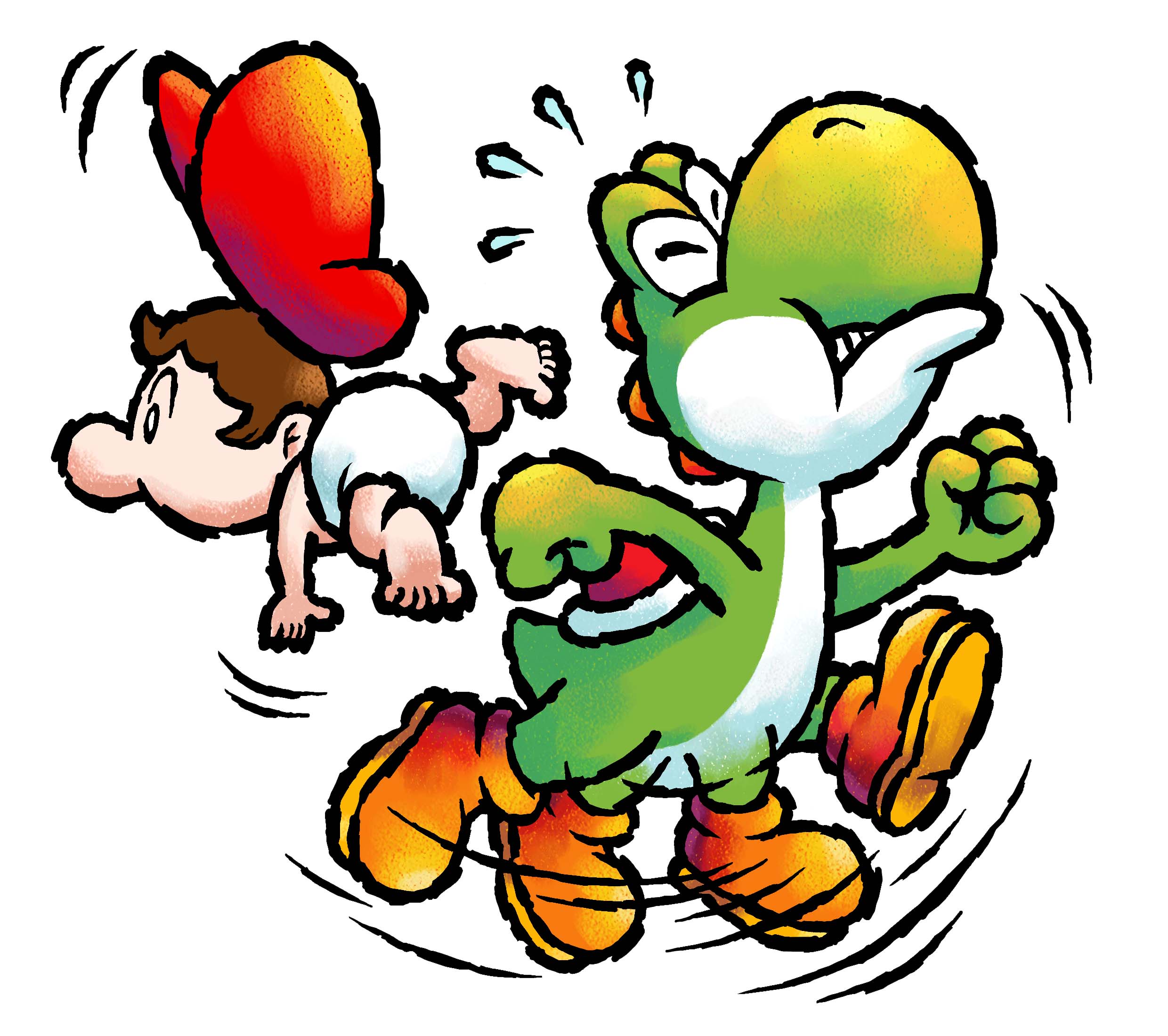 baby mario, mario, yoshi, mario (series), nintendo, yoshi's island ds, highres, official art, third-party source, 2boys, afterimage, baby, boots, brown boots, brown hair, clenched hands, clenched teeth, closed eyes, colored skin, diaper, green skin, green yoshi, hat, motion lines, multiple boys, short hair, simple background, teeth, white background
