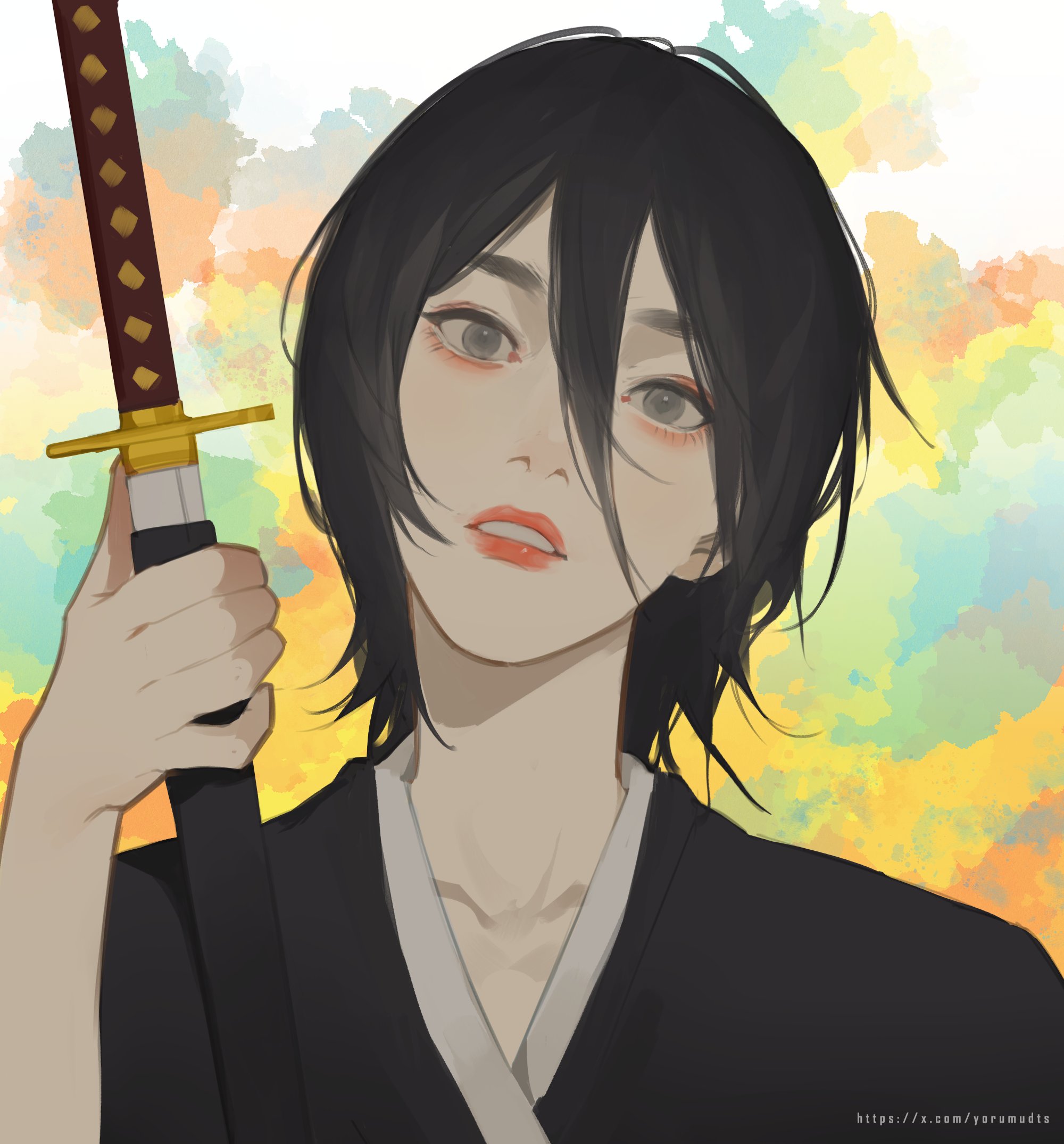 kuchiki rukia, bleach, highres, 1girl, black hair, black kimono, collarbone, eyeliner, grey eyes, hair between eyes, holding, holding sword, holding weapon, japanese clothes, katana, kimono, looking at viewer, makeup, parted lips, red eyeliner, red lips, shihakusho, short hair, solo, sword, twitter username, upper body, weapon, yorumudts
