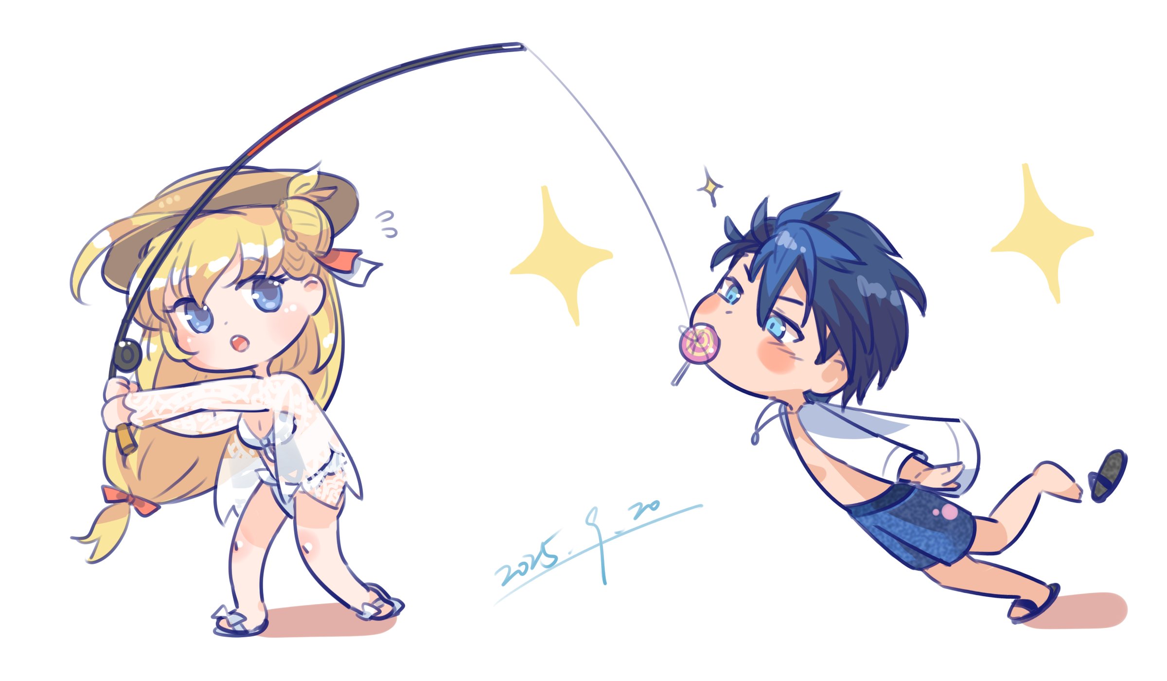 agnes claudel, van arkride, eiyuu densetsu, kuro no kiseki (series), highres, 1boy, 1girl, aradonkey, bikini, black hair, blonde hair, blue eyes, blue hair, braid, bun with braided base, candy, chibi, dated, double-parted bangs, fishing, fishing line, fishing rod, floating hair, food, food in mouth, hair between eyes, hair bun, hat, holding, holding fishing rod, lollipop, lollipop in mouth, long hair, multicolored hair, open clothes, open shirt, sandals, shirt, shorts, simple background, single side bun, sparkle background, sun hat, swimsuit, two-tone hair, white background, white bikini, white shirt