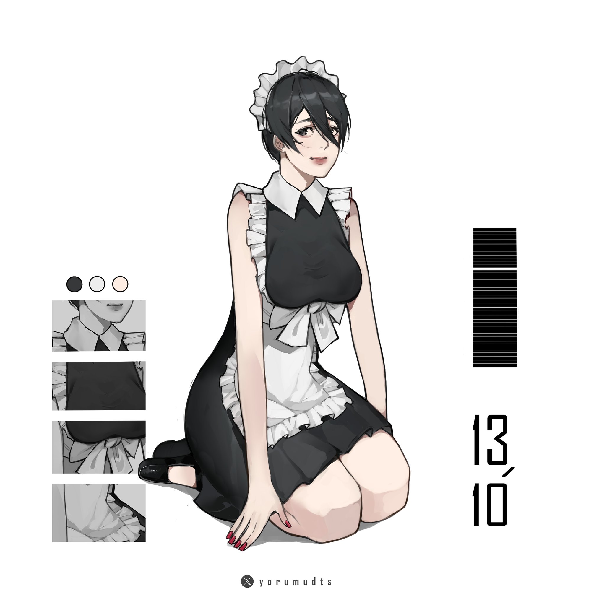 mikasa ackerman, shingeki no kyojin, highres, 1girl, apron, barcode, bare shoulders, black dress, black hair, black shoes, breasts, closed mouth, dress, facial scar, frilled apron, frills, full body, grey eyes, hair between eyes, kneeling, looking at viewer, maid, maid apron, maid headdress, medium breasts, nail polish, nervous smile, red nails, scar, scar on cheek, scar on face, shoes, short dress, short hair, smile, solo, twitter username, underbust, white apron, white background, yorumudts