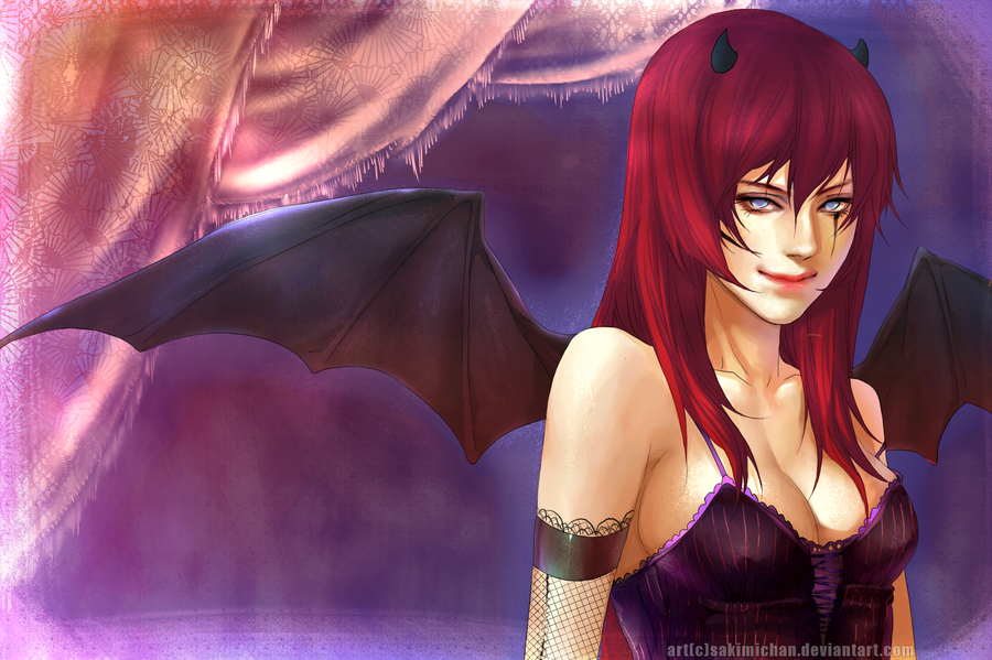 sakimichan, original, 1girl, bat wings, blue eyes, breasts, corset, demon girl, female focus, horns, long hair, red hair, solo, watermark, wings