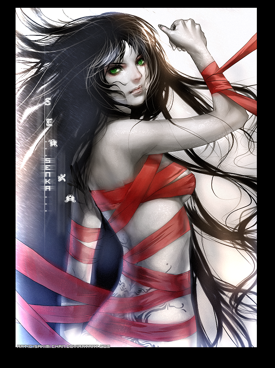 sakimichan, original, highres, md5 mismatch, resized, resolution mismatch, upscaled, 1girl, back, bdsm, black hair, bondage, bound, breasts, female focus, green eyes, lips, long hair, medium breasts, naked ribbon, nude, ribbon, solo, tattoo, very long hair, watermark