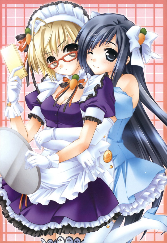 minase (artist), minase lin, misaki tokiwa, riku fumika, pia carrot (series), pia carrot e youkoso!!, 1990s (style), 2girls, apron, blonde hair, blue eyes, blue hair, bow, brown eyes, choker, elbow gloves, glasses, gloves, hair bow, maid, maid apron, multiple girls, ribbon, thighhighs, waitress, wink
