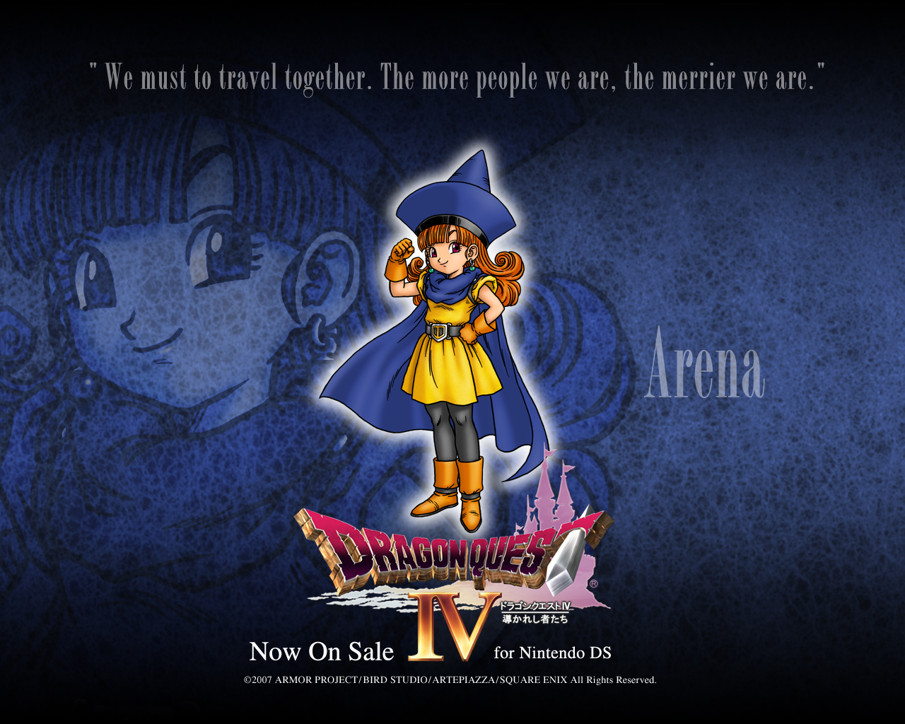 toriyama akira, alena (dq4), chunsoft, dragon quest, dragon quest iv, enix, official art, official wallpaper, promotional art, 00s, 1girl, 2007, boots, cape, character name, copyright name, english text, female focus, gloves, hat, logo, orange hair, pantyhose, skirt, solo, yellow skirt