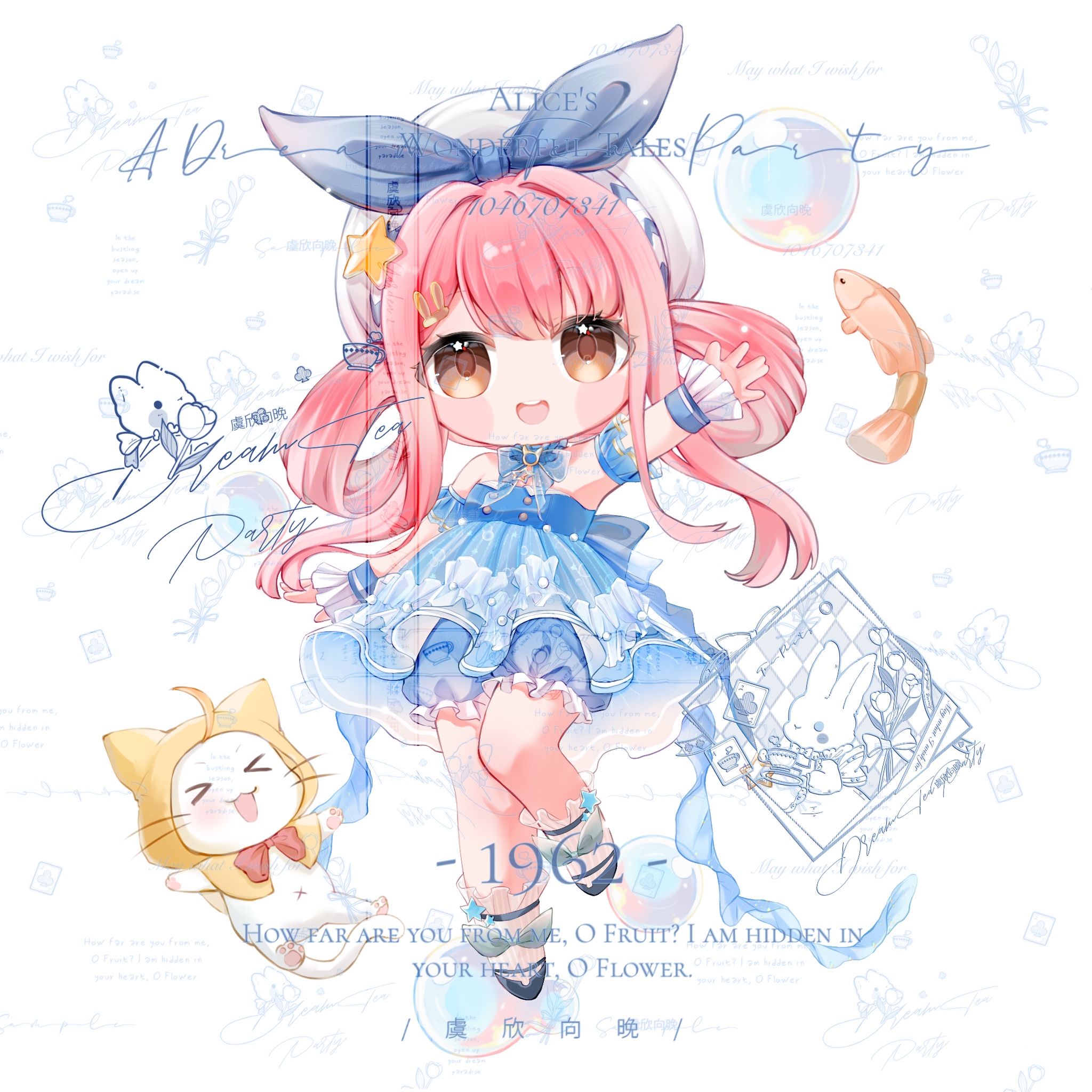bubbly voyage (infinity nikki), momo (nikki), nikki (nikki), infinity nikki, nikki (series), artist request, chinese commentary, commentary request, commission, highres, second-party source, > <, 1girl, ahoge, animal, aqua bow, back bow, bare shoulders, beads, beret, bloomers, blue bloomers, blue bow, blue bowtie, blue brooch, blue choker, blue dress, blue shoes, blue sleeves, blue wrist cuffs, blunt bangs, blush stickers, bow, bow choker, bowtie, brooch, brown eyes, bubble, bubble print, buttons, cat, chibi, choker, cloak, clothed animal, collared dress, detached sleeves, dress, ear covers, eyelashes, fish, footwear bow, frilled bloomers, frilled choker, frilled dress, frilled sleeves, frilled socks, frilled wrist cuffs, frills, hair ornament, hair rings, hairclip, happy, hat, hat bow, hat ornament, hood, hood up, hooded cloak, jewelry, leg up, mary janes, navel, open mouth, outstretched arm, pink hair, pleated dress, print dress, rabbit hair ornament, red bow, red bowtie, sample watermark, shoes, short dress, short hair with long locks, short sleeves, simple background, smile, socks, star (symbol), star hat ornament, strapless, strapless dress, striped clothes, striped dress, tareme, teeth, too many watermarks, traditional bowtie, underwear, upper teeth only, vertical-striped clothes, vertical-striped dress, watermark, waving, whiskers, white background, white cat, white hat, white socks, wrist cuffs, yellow cloak