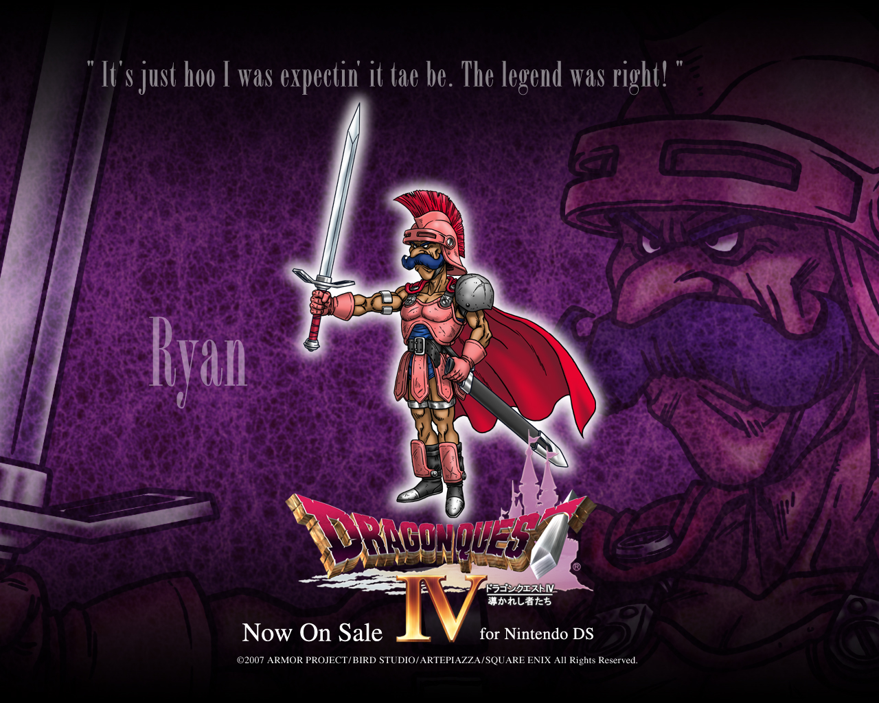 toriyama akira, ryan, ryan (dq4), chunsoft, dragon quest, dragon quest iv, enix, official art, official wallpaper, armor, blue hair, cape, english text, facial hair, helmet, male focus, mustache, solo, sword, weapon