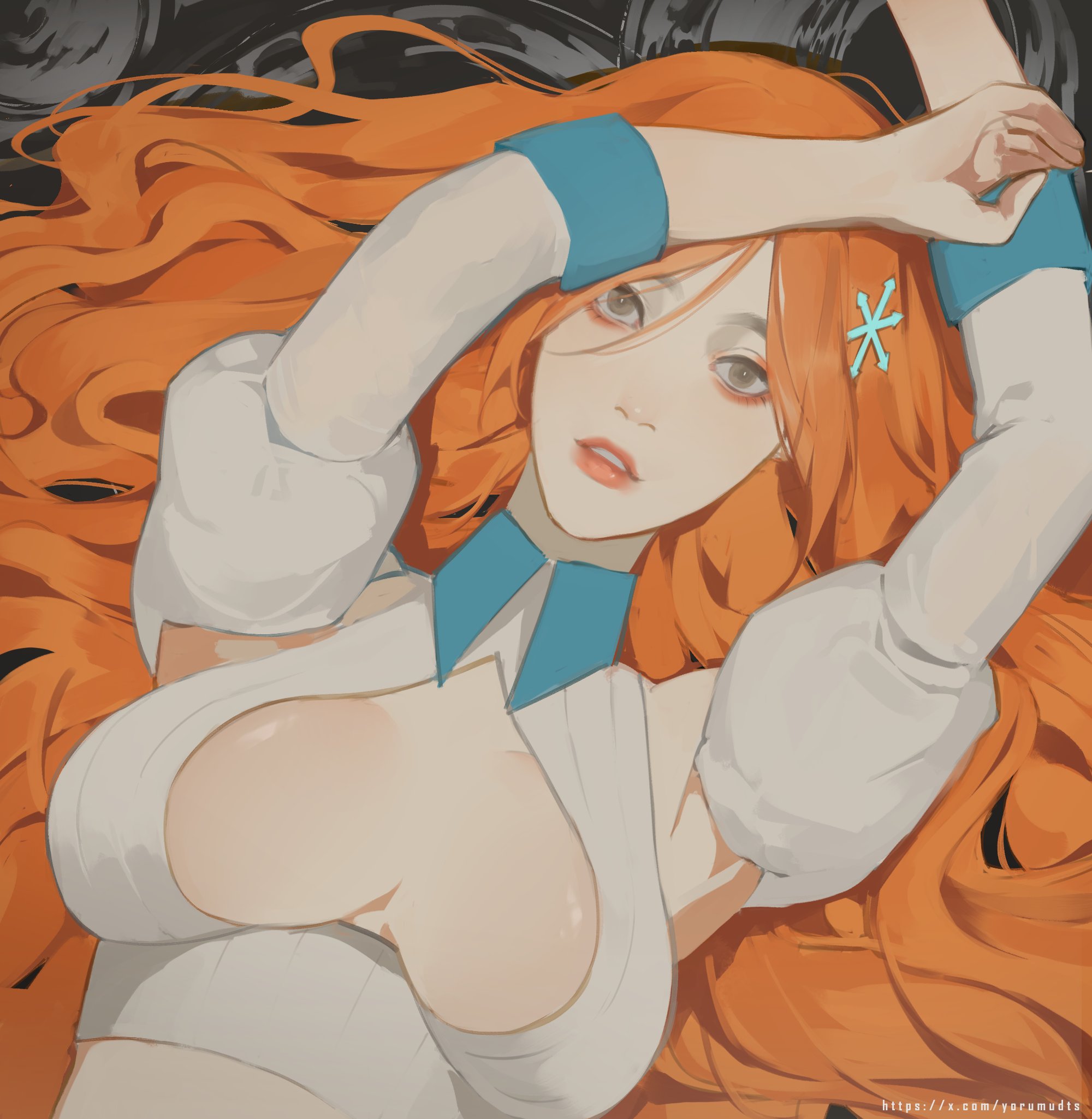 inoue orihime, bleach, highres, 1girl, arm behind head, armpits, bare shoulders, breasts, cleavage, cleavage cutout, clothing cutout, collared shirt, crop top, detached sleeves, grey eyes, hair between eyes, hair ornament, juliet sleeves, large breasts, long hair, long sleeves, midriff, orange hair, parted bangs, parted lips, puffy sleeves, revealing clothes, shirt, snowflake hair ornament, solo, twitter username, underboob, upper body, wavy hair, white shirt, yorumudts