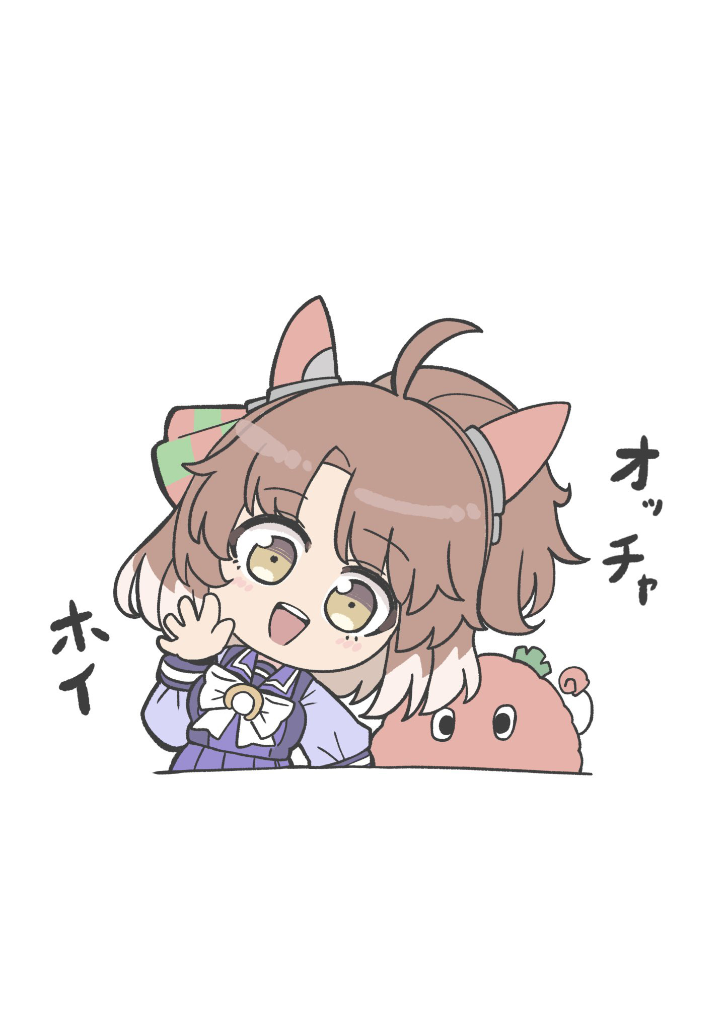 kawamochi (tddm3573), dantsu flame (umamusume), umamusume, highres, translation request, 1girl, :d, ahoge, animal ears, bow, brown eyes, brown hair, hand up, horse ears, leaning to the side, long sleeves, multicolored hair, open mouth, pleated skirt, ponytail, puffy long sleeves, puffy sleeves, purple shirt, purple skirt, school uniform, shirt, simple background, skirt, smile, tracen school uniform, two-tone hair, white background, white bow