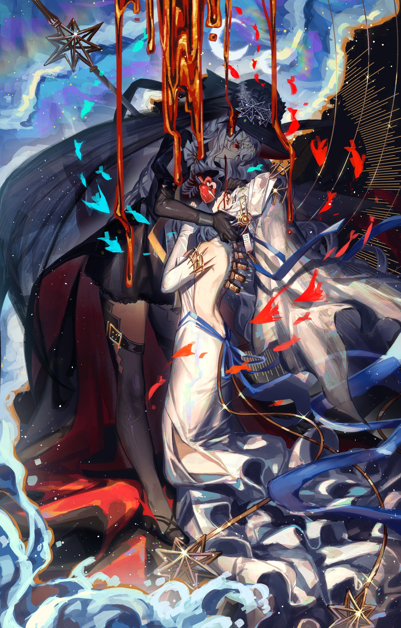 kikan (kikanoe), specter (arknights), specter the unchained (arknights), arknights, commentary, highres, 2girls, bare back, black dress, black hat, dress, dual persona, fish, full body, hat, heart (organ), long hair, multiple girls, red eyes, veil, vomit, white dress, white hair