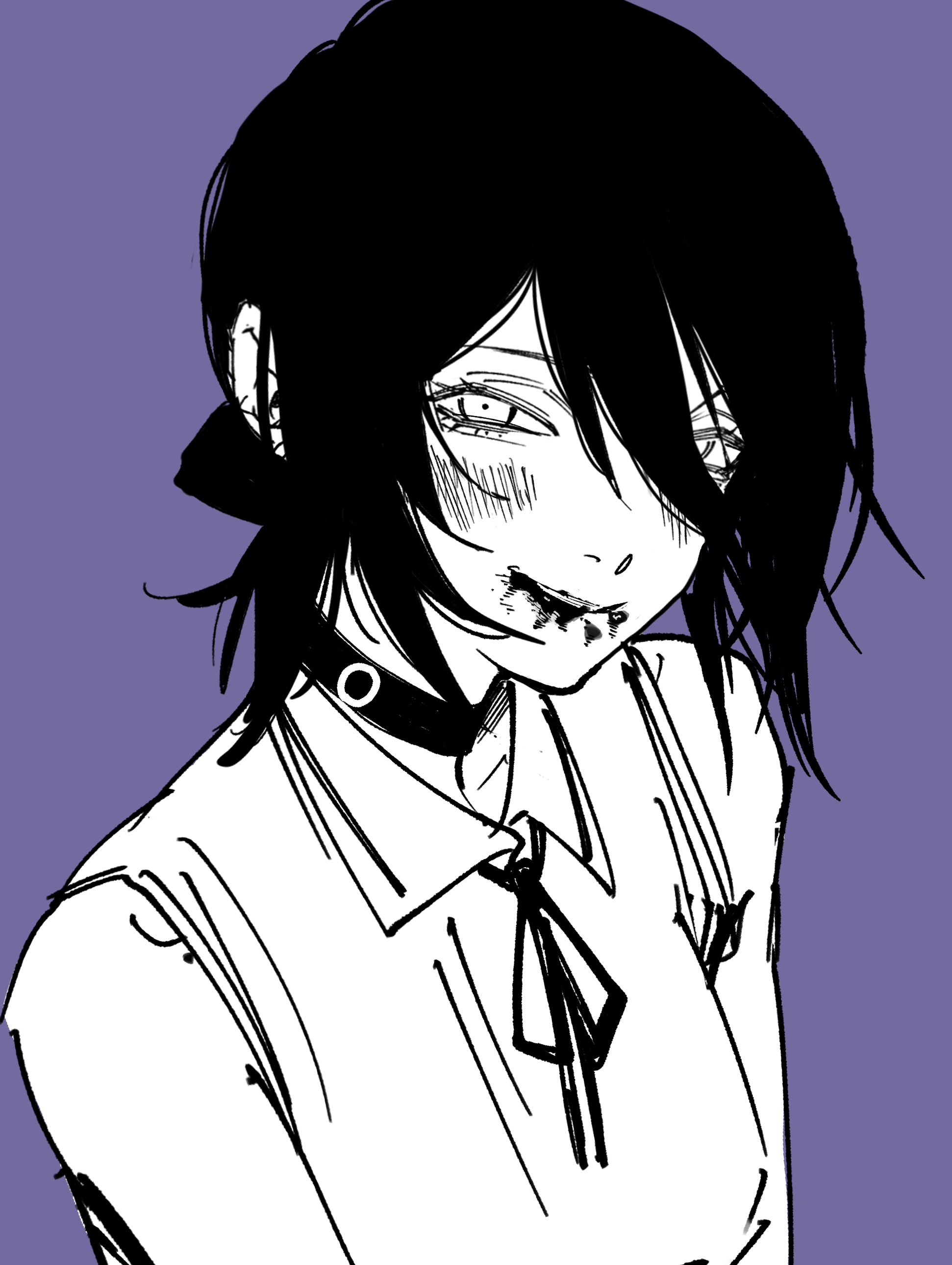 reze (chainsaw man), chainsaw man, absurdres, highres, 1girl, blood, blood on face, blush, choker, collared shirt, grenade pin, greyscale with colored background, hair between eyes, hanape381, looking at viewer, purple background, ribbon, shirt, sleeveless, sleeveless shirt, solo