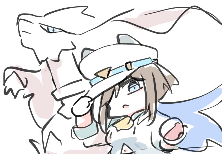 kawamochi (tddm3573), cheval grand (umamusume), reshiram, nintendo, pokemon, umamusume, 1girl, animal ears, blue eyes, brown hair, chibi, crossover, ears through headwear, gen 5 pokemon, gloves, hand on headwear, hand up, hat, horse ears, legendary pokemon, long sleeves, multicolored hair, peaked cap, pokemon (creature), shirt, sketch, streaked hair, white background, white gloves, white hair, white hat, white shirt