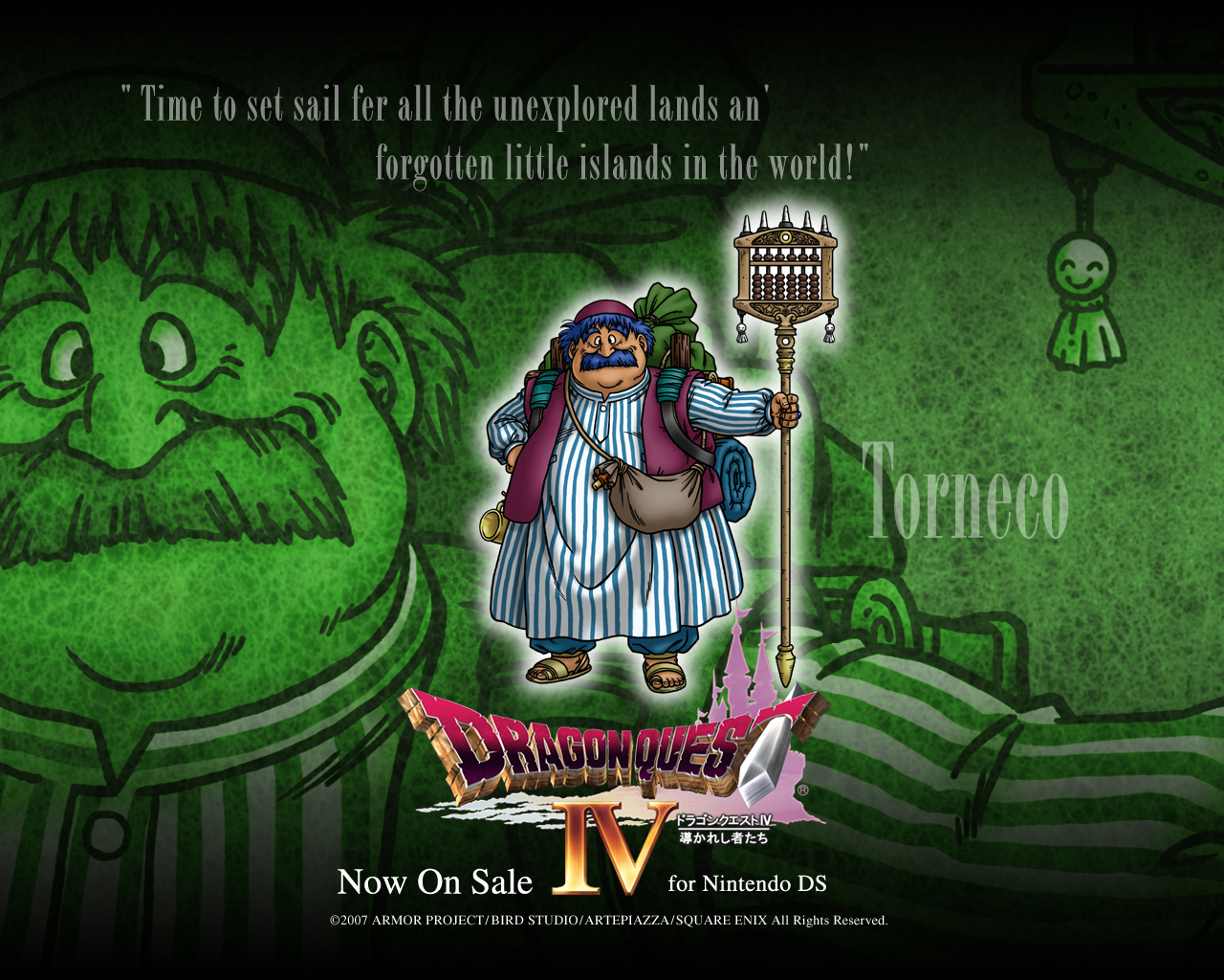 toriyama akira, torneko, torneko taloon, chunsoft, dragon quest, dragon quest iv, enix, official art, official wallpaper, abacus, backpack, bag, blue hair, english text, facial hair, fat, fat man, hat, male focus, mustache, randoseru, robe, sandals, solo, staff, teruterubouzu, vest