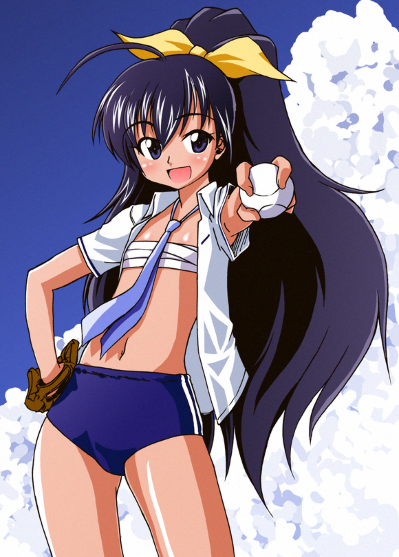 rikumoto yoshiyuki, ganaha hibiki, idolmaster, idolmaster (classic), idolmaster 1, 00s, 1girl, ahoge, ball, baseball, baseball (object), baseball glove, blue eyes, blue hair, blush, buruma, cloud, day, female focus, flat chest, hair ribbon, hand on own hip, hip focus, long hair, matching hair/eyes, midriff, navel, necktie, open clothes, open mouth, open shirt, outdoors, ponytail, ribbon, sarashi, shirt, sky, solo, underwear, very long hair, white shirt