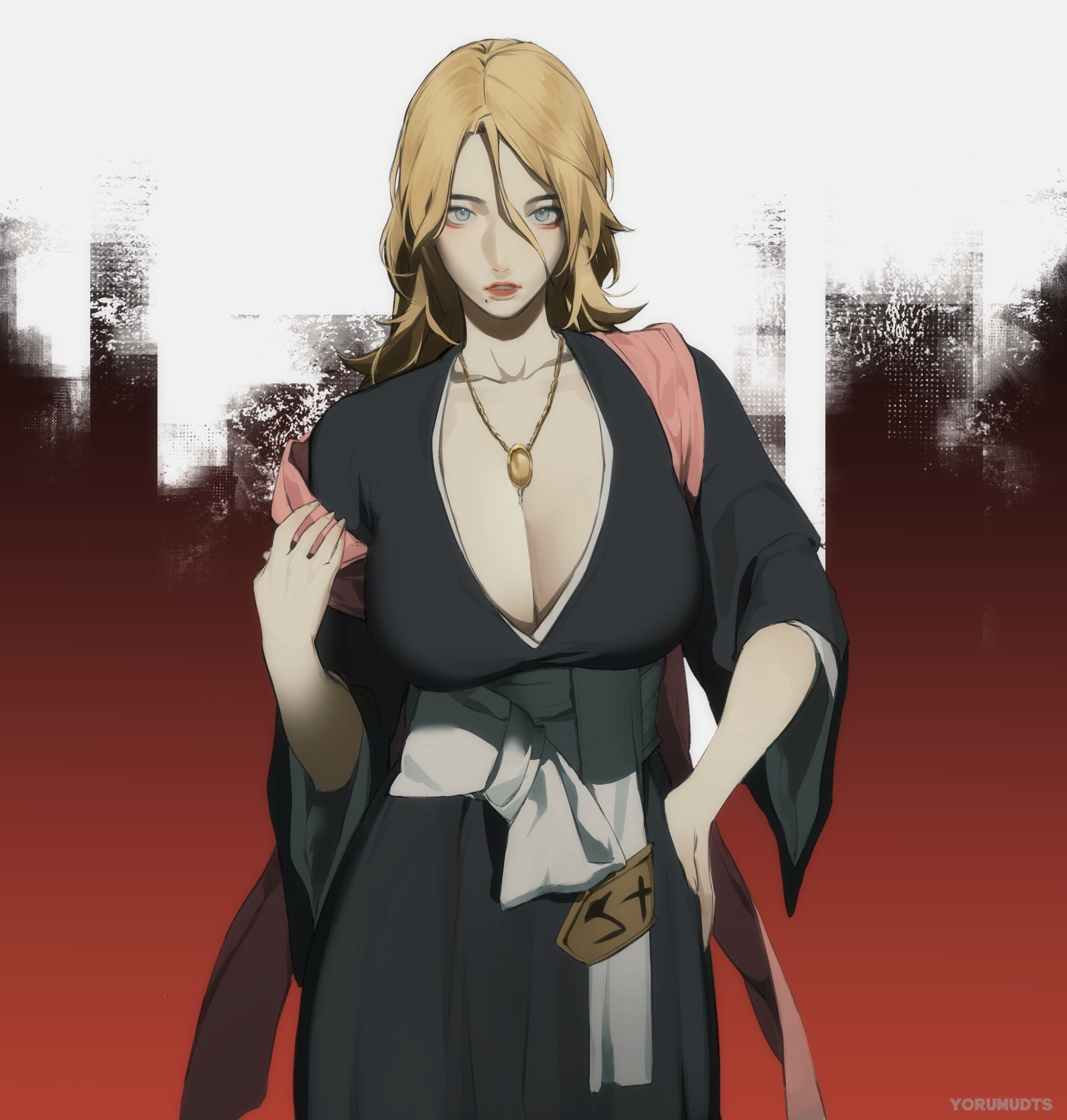 yorumudts, matsumoto rangiku, bleach, highres, 1girl, artist name, black kimono, blonde hair, blue eyes, breasts, cleavage, collarbone, cowboy shot, hair between eyes, hand on own hip, japanese clothes, jewelry, kimono, large breasts, long hair, looking at viewer, mole, mole under mouth, necklace, parted lips, pink scarf, red background, scarf, shihakusho, solo