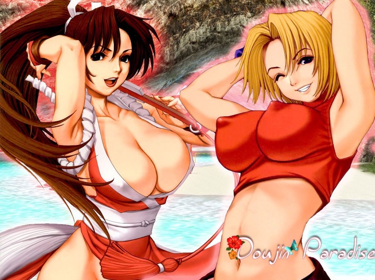 saigado, blue mary, shiranui mai, fatal fury, snk, the king of fighters, 2girls, armpits, arms up, beach, blonde hair, breasts, brown hair, cleavage, covered erect nipples, fingerless gloves, gloves, halterneck, large breasts, long hair, midriff, multiple girls, one eye closed, pelvic curtain, ponytail, short hair, smile, water, wink