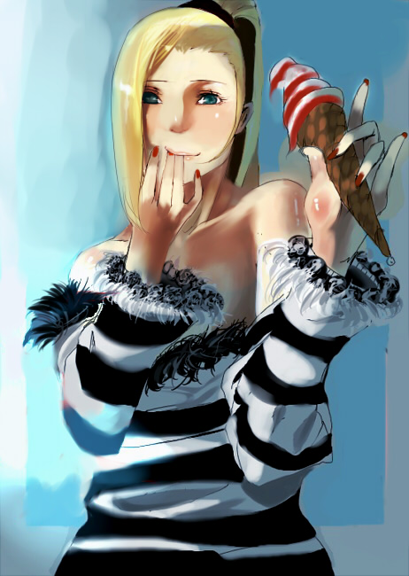 cevoy, yamanaka ino, naruto (classic), naruto (series), bad id, bad pixiv id, 1girl, bare shoulders, blonde hair, blush, female focus, food, green eyes, hair over one eye, ice cream, ice cream cone, licking, licking finger, m/, nail polish, red nails, solo